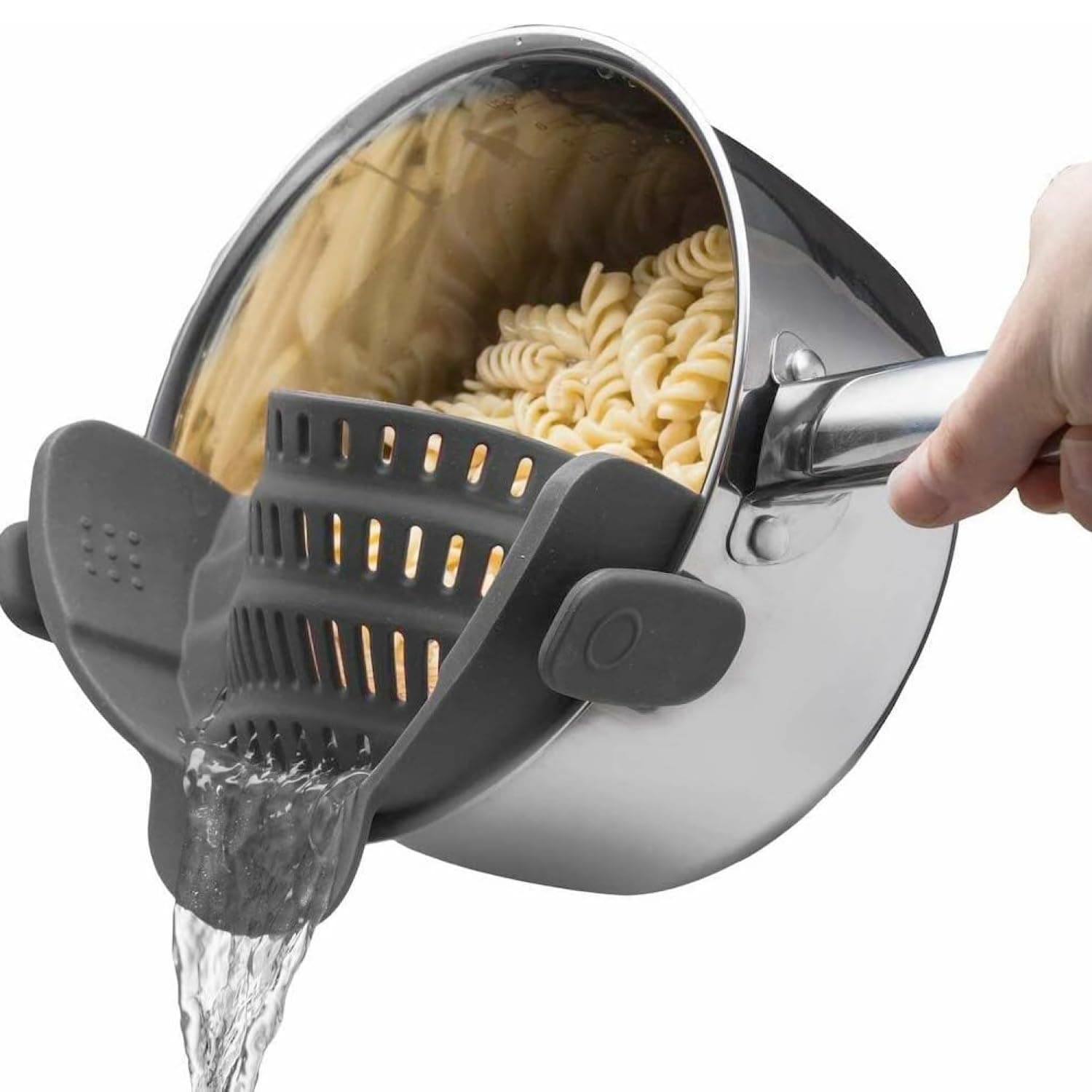 Kitchen Gizmo Snap N Strain Pot Strainer and Pasta Strainer - Adjustable Silicone Clip On Strainer for Pots, Pans, and Bowls - Gray