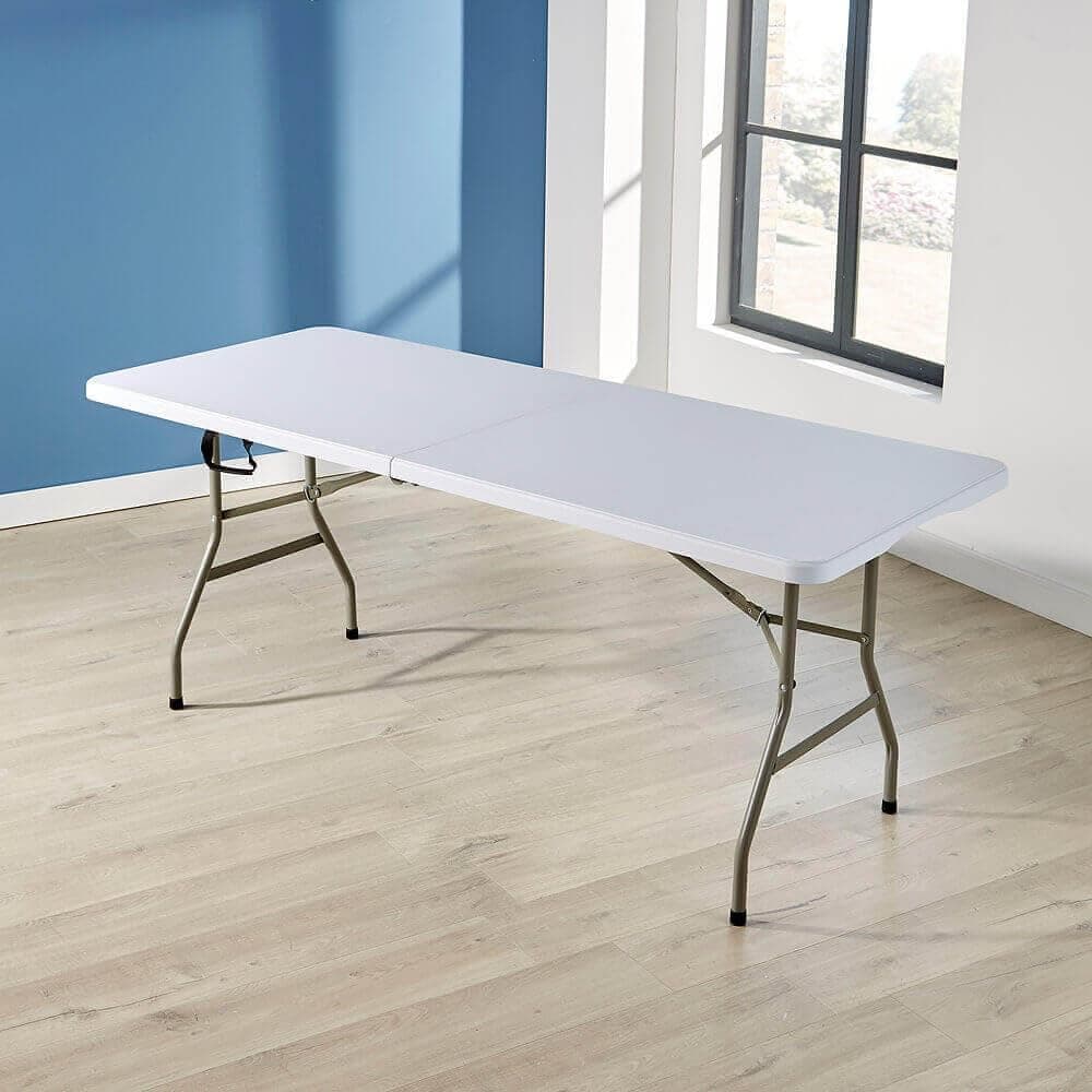 Home Source Trestle Table with Carry Handle (5 Feet) White – Multi-Purpose Folding Table – Heavy Duty for Camping Catering BBQ Picnic Party – 70D x 153W x 74H cm