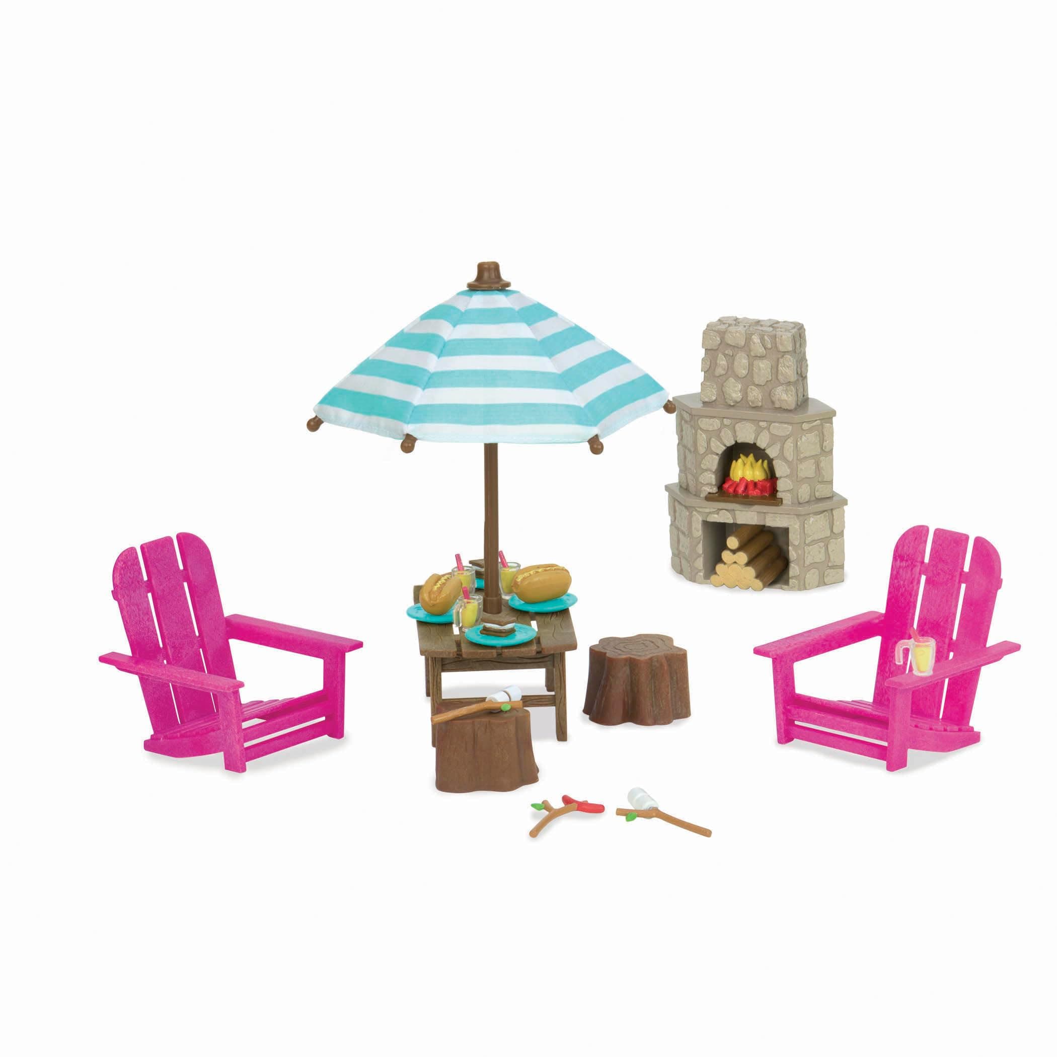 Toy Patio – Doll Furniture – Playhouse Accessories – 12 Pieces Playset for Figurines – Outdoor Patio Set with Table & Chairs Age 3+ Years – Encourages Outdoor Role Play