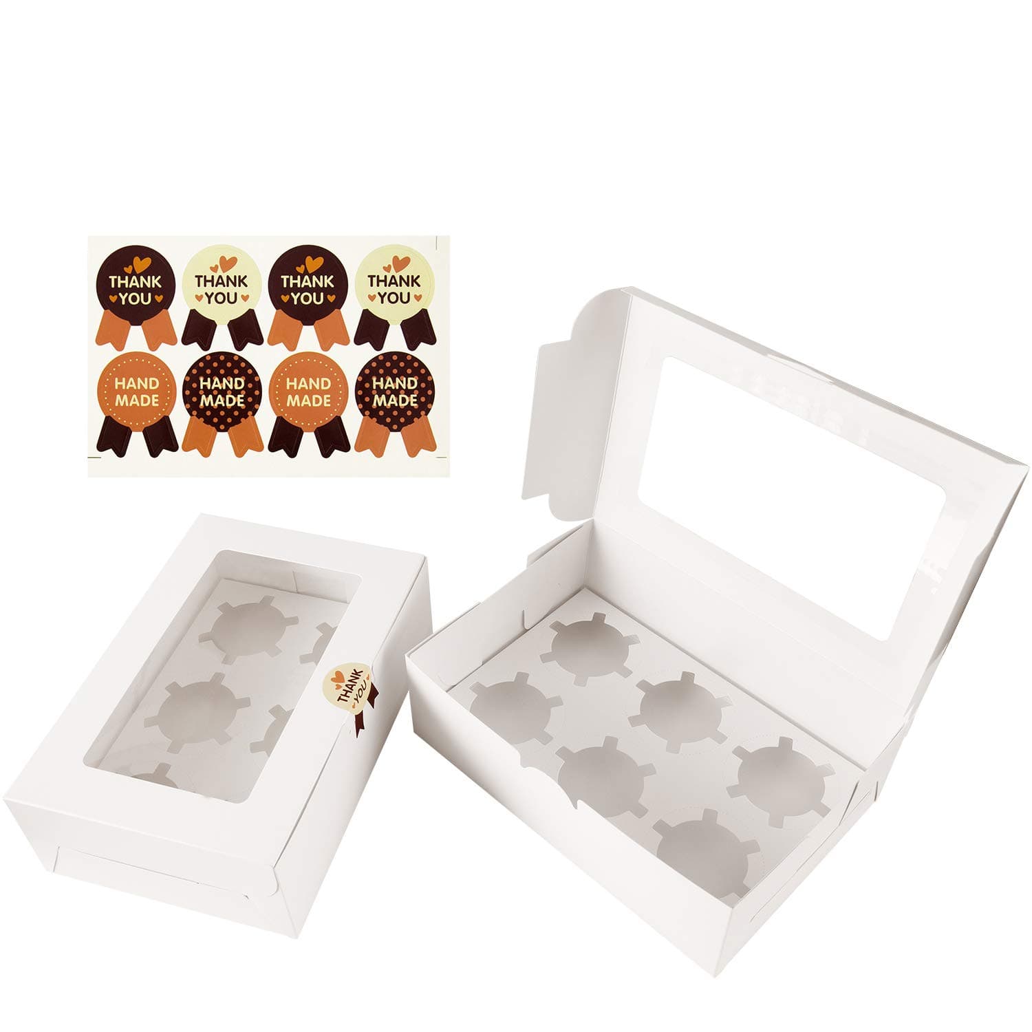 Cupcake Boxes 6, Diealles 8 Pack of White Cupcake Boxes - 6 Holes, with Cute Sticker and Inserts for Cupcakes