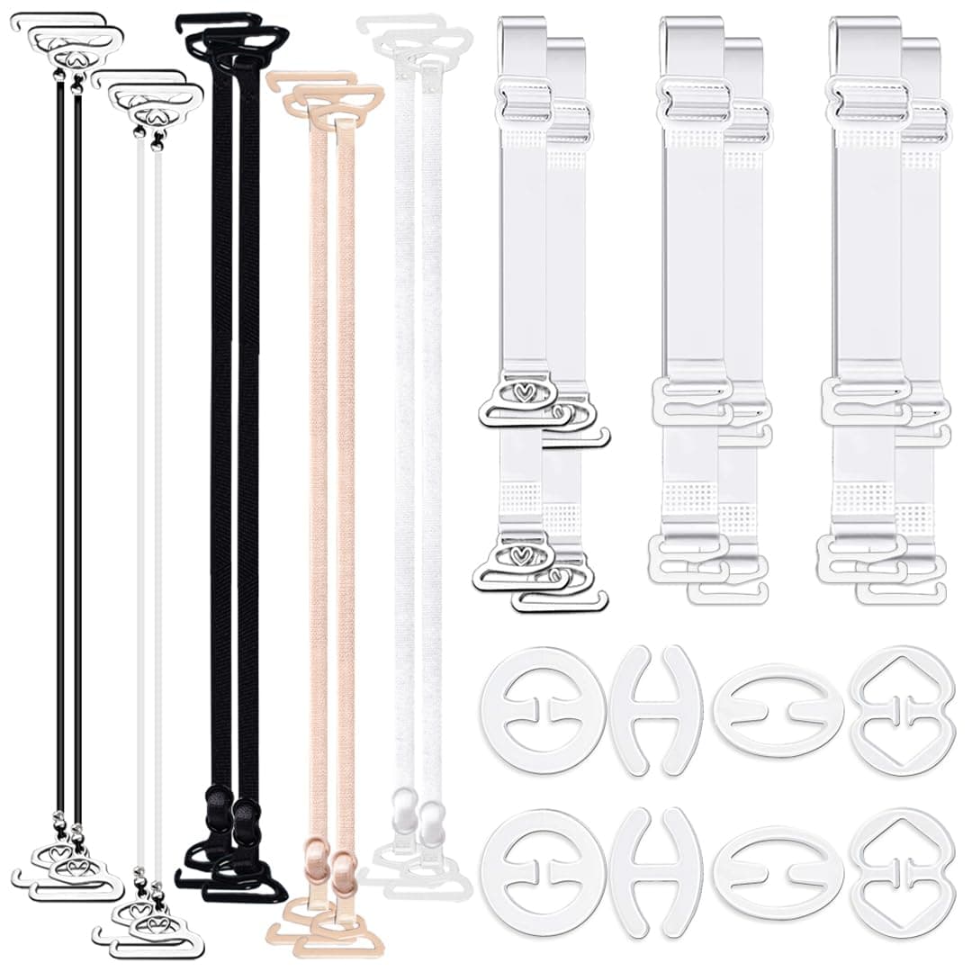 24 Pieces Clear Bra Straps, Invisible Adjustable Bra Strap Non-Slip Bra Replacement Shoulder Straps, 8 Pieces Clear Bra Strap Clips+16 Pieces Bra Straps