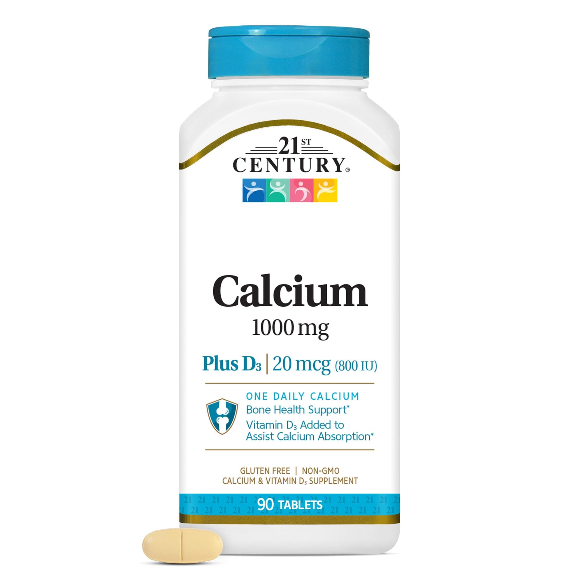 Calcium Plus D3 Tablets, (90 Count), 1000mg Calcium with Vitamin D3 20mcg (800 IU), Gluten-Free & Non-GMO, Bone Health Supplement for Men & Women, No Added Yeast or Artificial Flavors