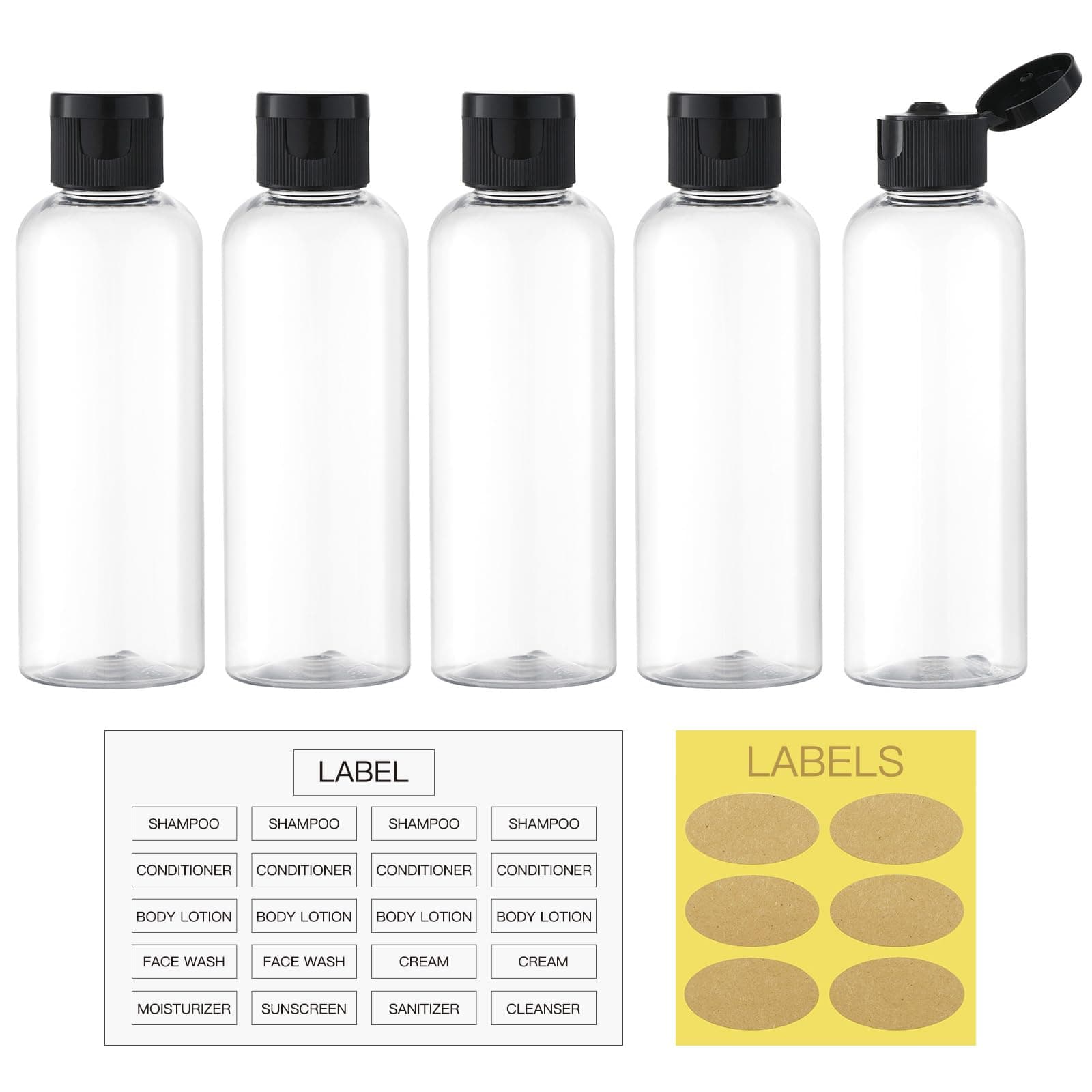 Lisapack 100ML Travel Bottles with Flip Cap (5 Pcs), Empty Transparent Container for Travel Size Cosmetics with Funnel (Clear)