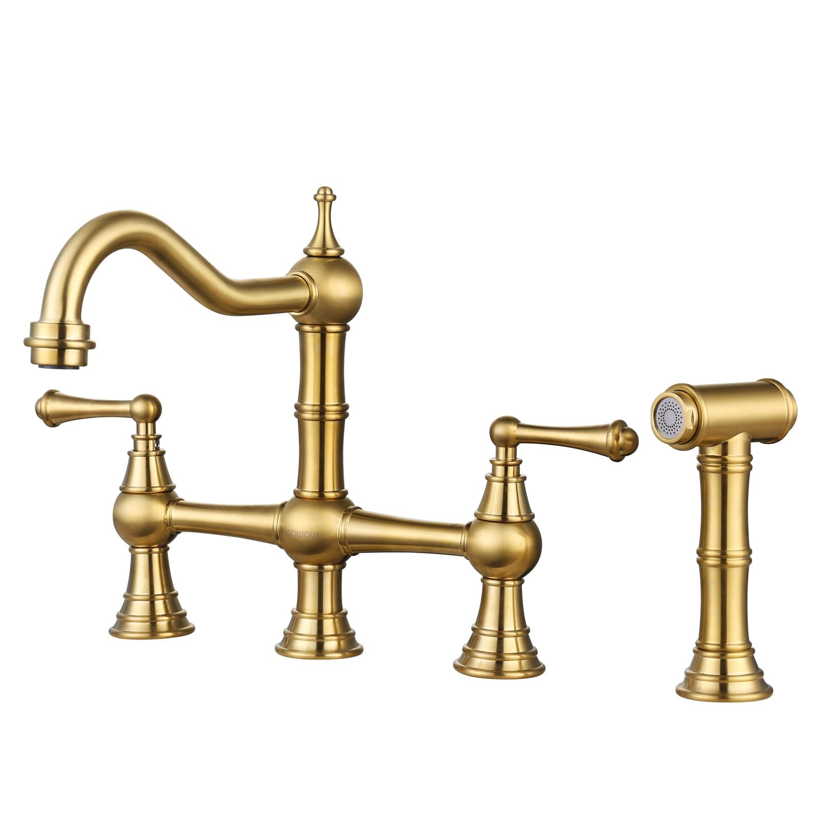 Brass Kitchen Faucet Bridge with Side Sprayer, 4 Hole Kitchen Faucet 2 Handle 8 Inch Centerset Gold Faucet for Kitchen Sinks, Heritage Brushed Gold Kitchen Sink Faucet