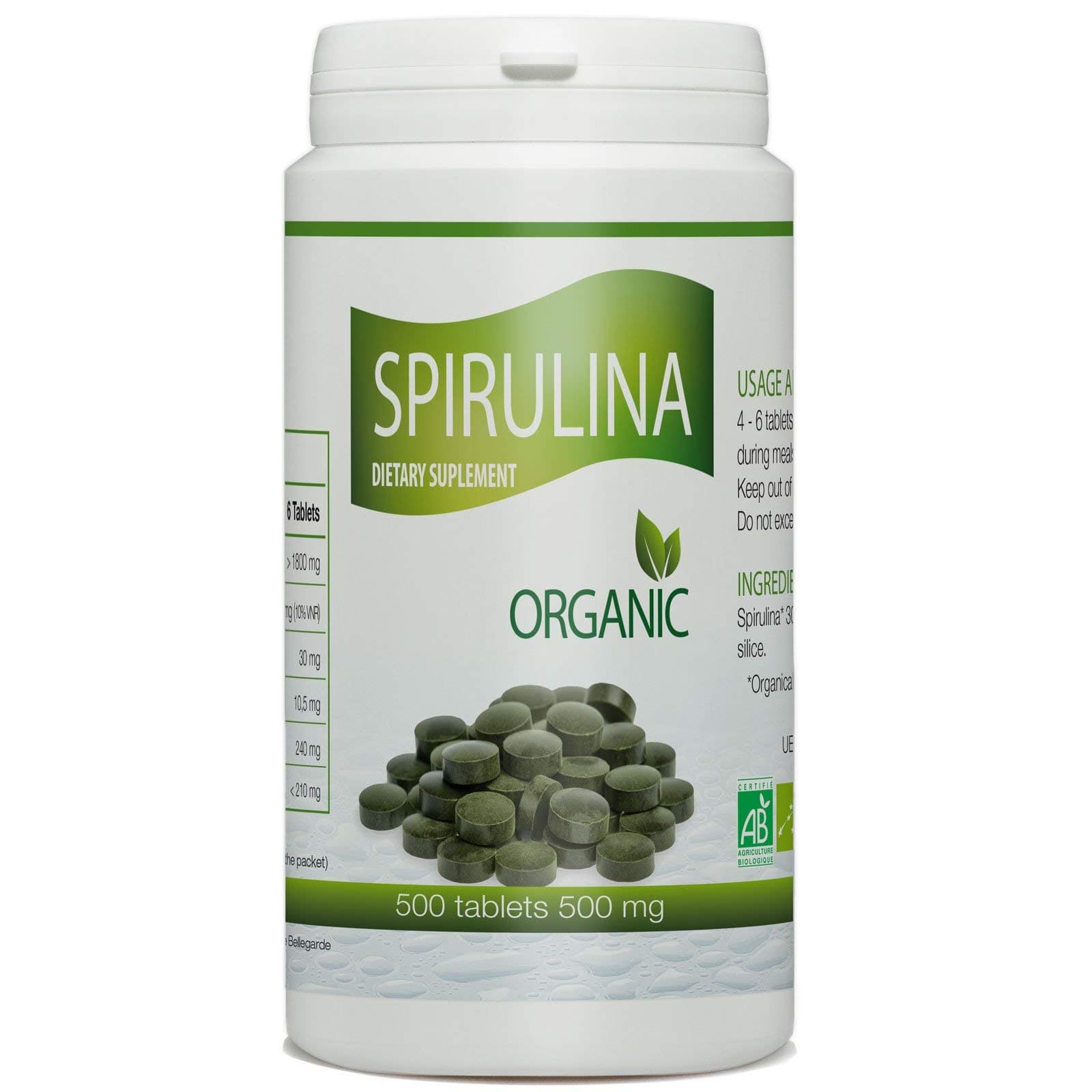Organic Spirulina - 500 mg per tablet - 500 Tablets