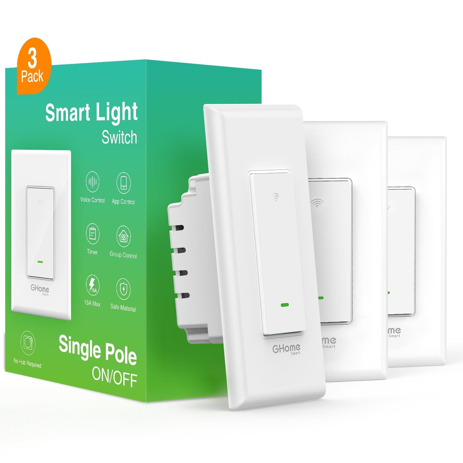 GHome Smart Switch,Smart Wi-Fi Light Switch Compatible with Alexa and Google Assistant 2.4Ghz, Single-Pole,Neutral Wire Required,UL Certified,Remote/Voice Control, No Hub Required (3 Pack)