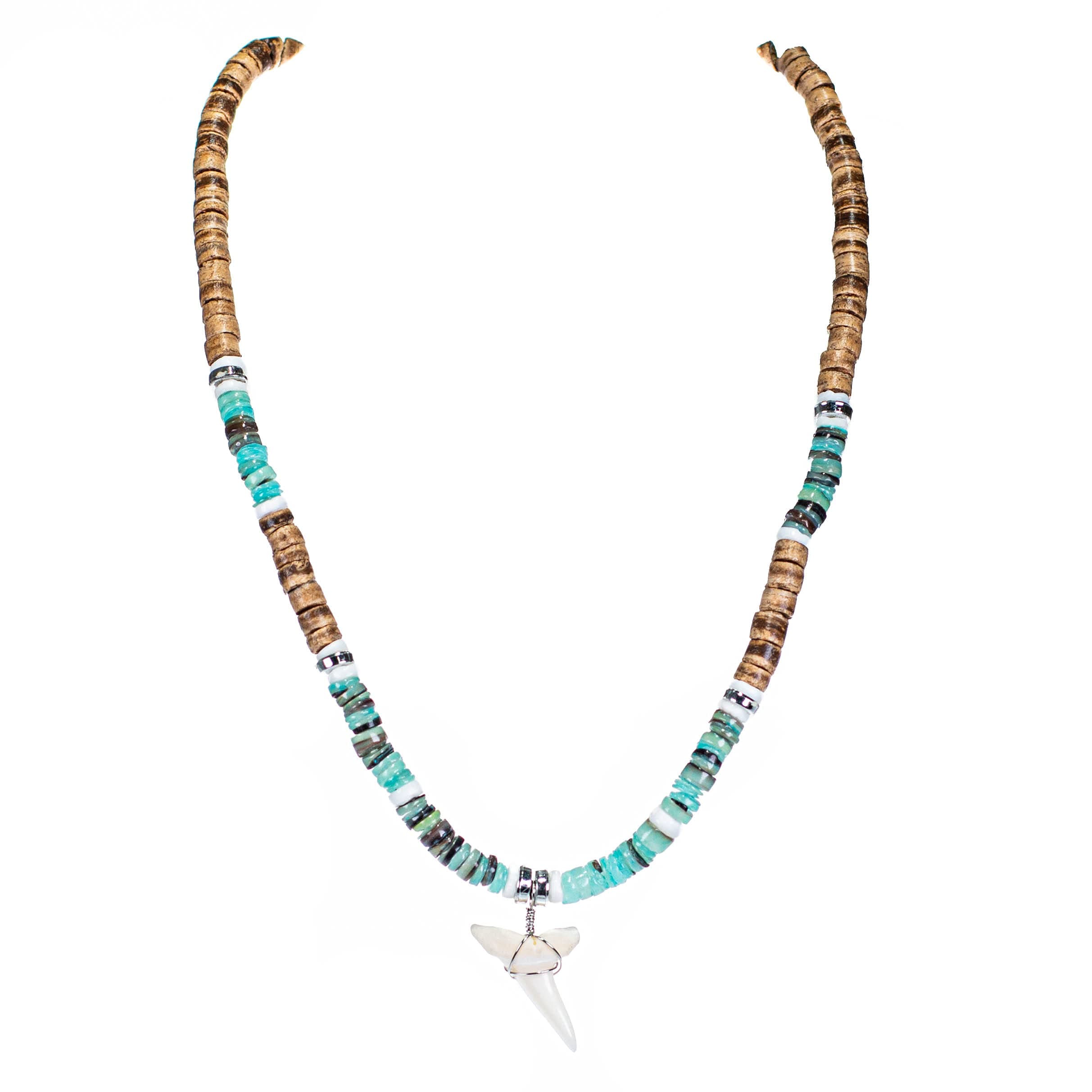 BlueRicaShark Tooth on Coconut Shell Beads Necklace (18" 3N)