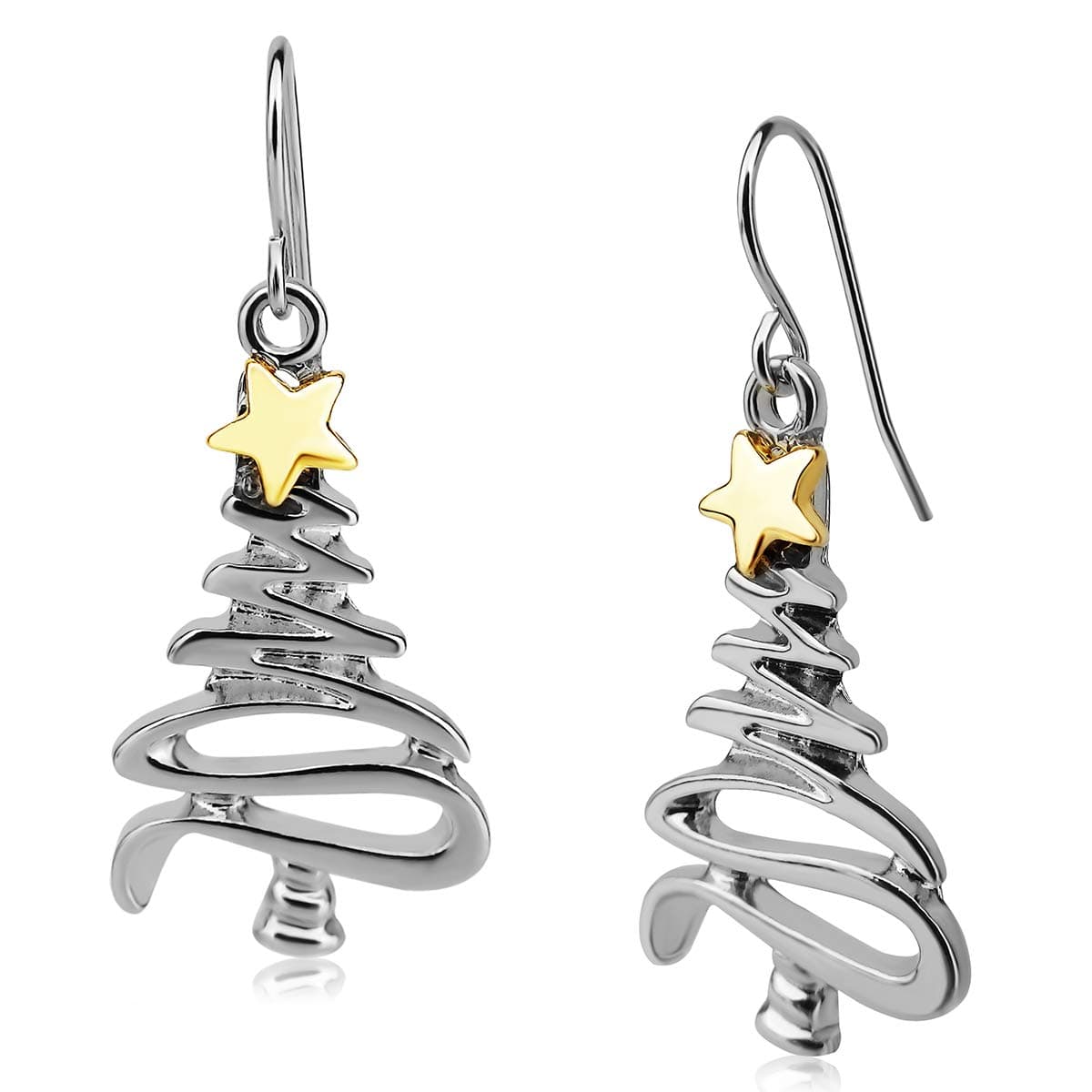 Cute Christmas Tree Piercing Dangle Earrings Golden Silver Two Tone Women Holiday Gift