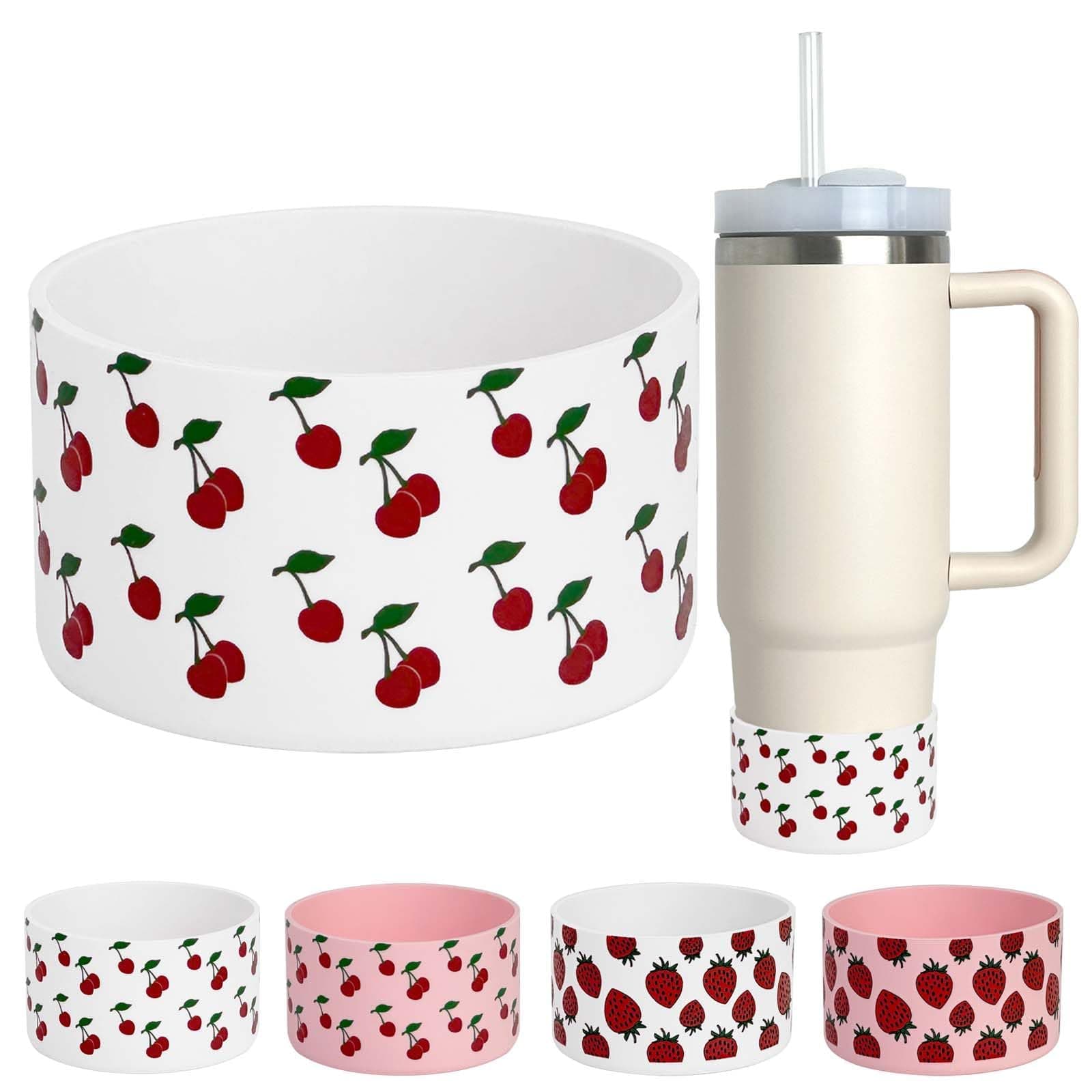 GENLEAS Cherry Print Protective Silicone Boot Cover for Stanley Cup 20oz-40oz, for Hydro Flask Water Bottle 12oz-24oz, Anti-Slip Sleeve for Bottles/Tumblers with 2.88-2.97in Bottom(1White)