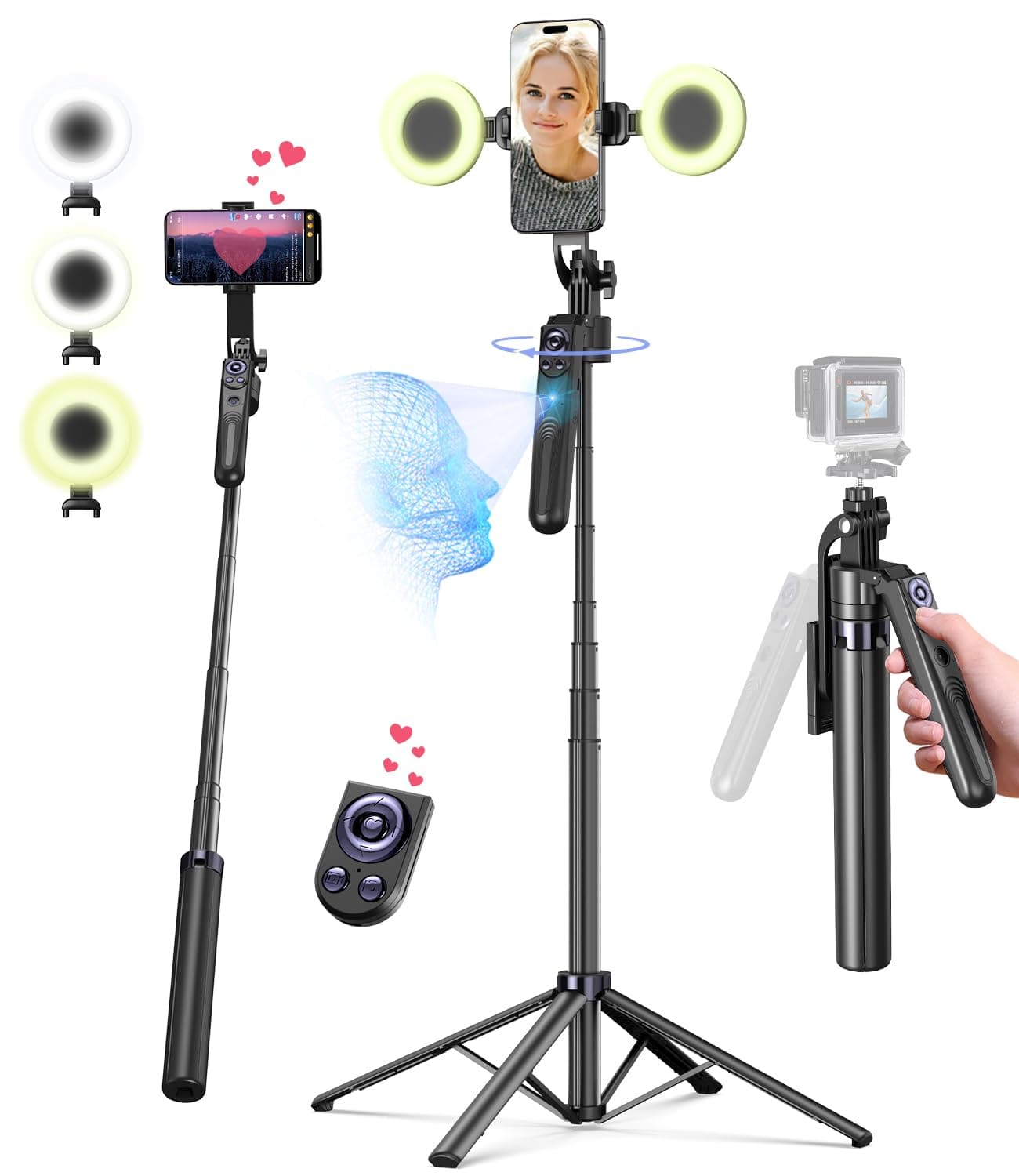 71” Auto Face Tracking Tripod for iPhone with Light,360° Rotating Phone Stand with Rechargeable Remote Control for TikTok Vlog Video Recording, Phone Tripod for Android Camera/GoPro/Ring Light