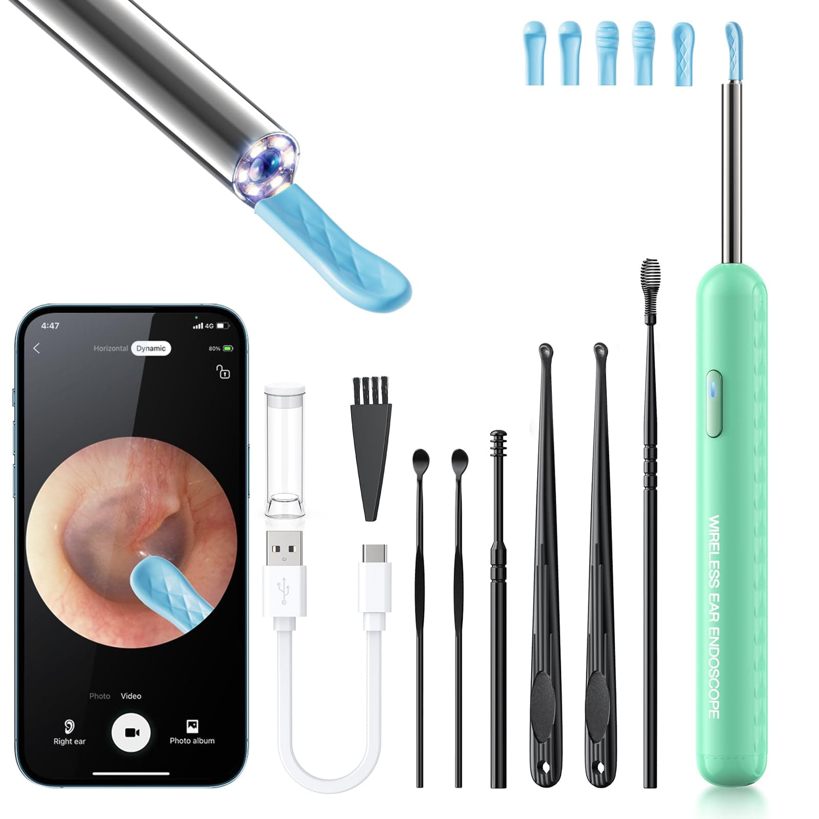 Ear Wax Removal, Ear Cleaner with Camera and Light, Ear Wax Removal Kit with 8 Pcs Set, Ear Wax Removal Tool Camera with 1080P, Ear Cleaning Kit with 6 Spoons, Ear Camera for iOS & Android (Green)