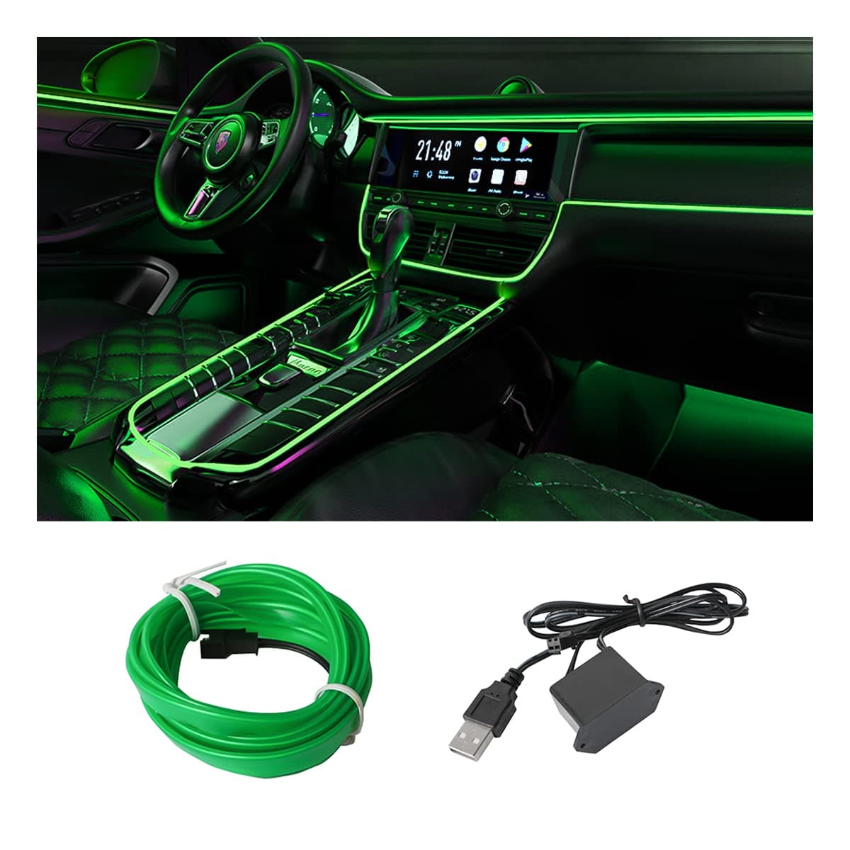 EL Wire LED Strip Lights, USB Auto Neon Light Strip with Sewing Edge, 16FT Electroluminescent Car Ambient Lighting Kit with Fuse Protection, Green