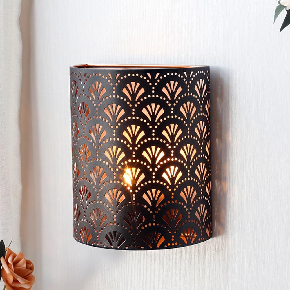 NEWIMAGE Battery Powered Lamp 8''H Wall Sconce Lighting Metal Rustic Wall Mount Lamp with 6 Hours Timer Wall Decor for Living Room Bedroom Hallway Stairway(Brown, Flabellum)