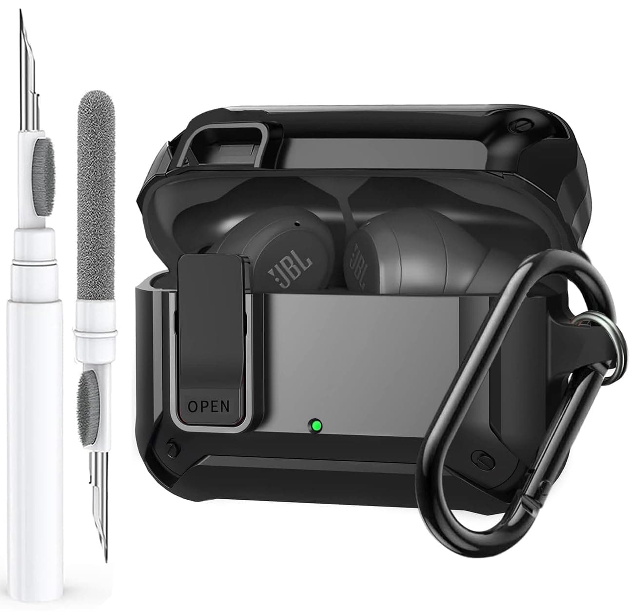 Compatible with JBL Vibe Beam/Beam 2 Case Cover Lock Clip with Cleaner Kit,Cool Protective JBL Vibe 200TWS Cover Men Women with Carabiner for JBL Vibe Beam 2 Charging Case - Black