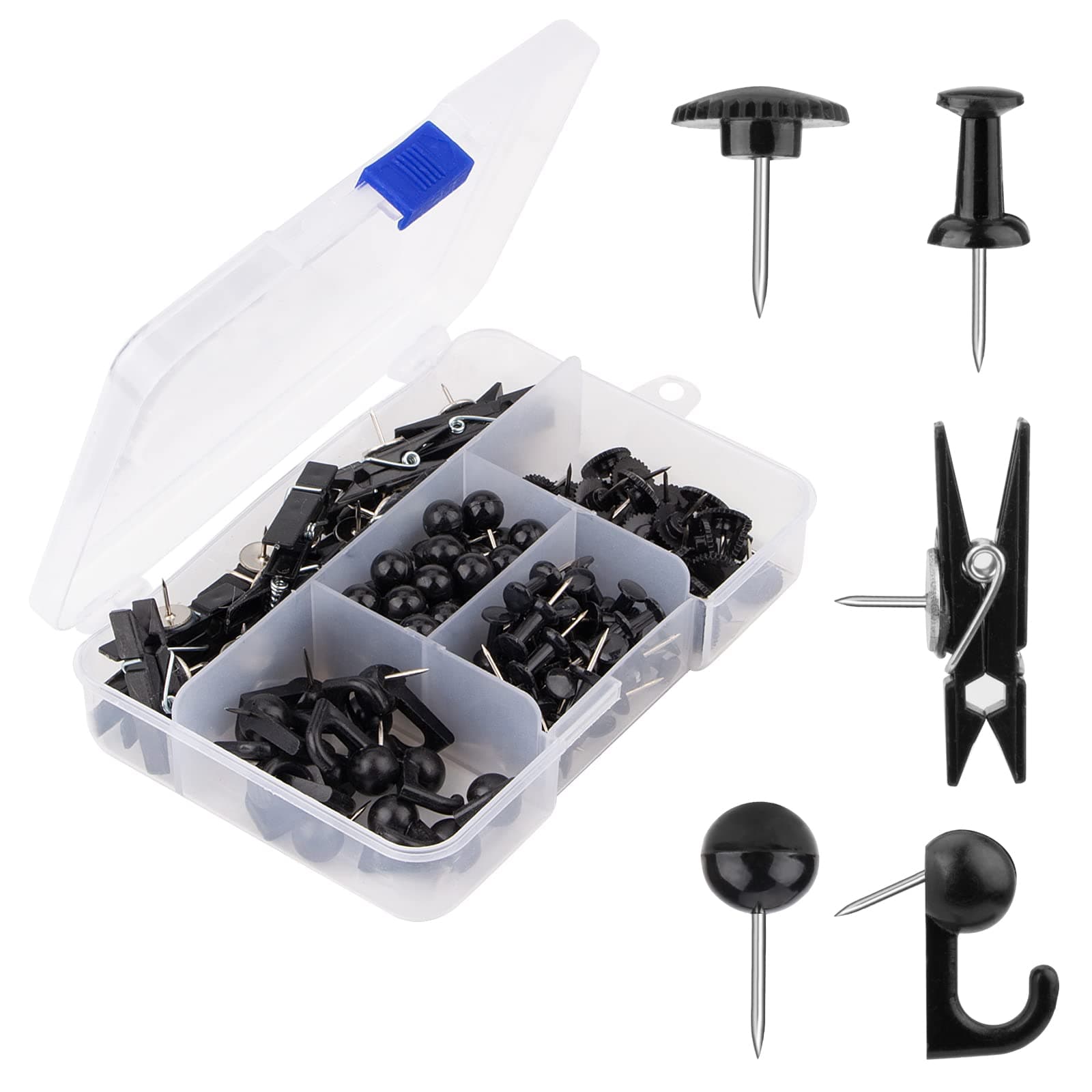 Yalis Black Push Pins Set, 5 Styles 140-count Thumb Tacks Map Pins, Steel Point and Dark Plastic Head Pushpins Black Thumbtacks for Cork Board Bulletin Boards (Black-140pcs)