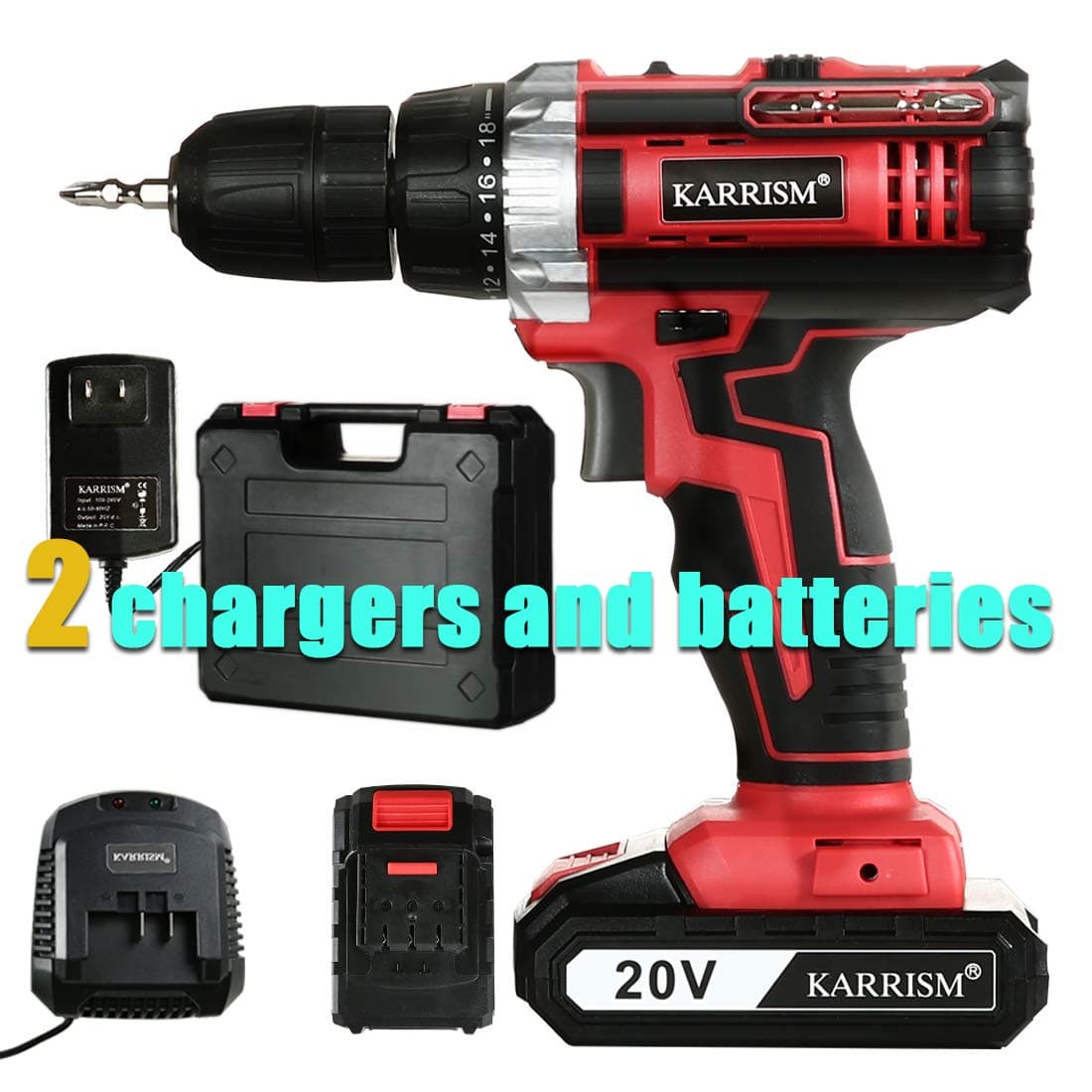 KARRISM Cordless drill driver 20V MAX LIthium lon,18+1Torque Setting,2-Variable Speed,309 In-lbs Torque,1/2" Metal Keyless Chuck