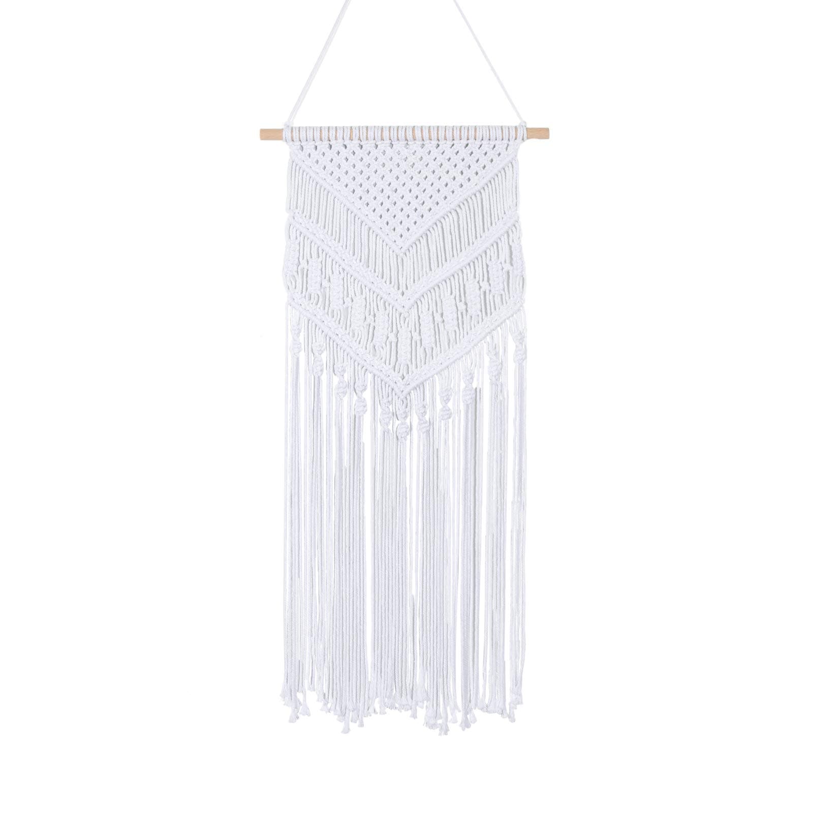 Macrame Wall Hanging Boho Art Hand Woven Geometric Tassel Chic Home Apartment Dorm Room Nursery Party Decoration, White, 16x30 Inches