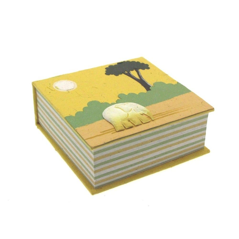 Elephant Dung Note Cube | Yellow | 100 Sheets of Coloured Recycled Paper | Square Memo Pad Holder | 10cm x 10cm | Genuine Elephant Poo Notecube | Fair Trade and Handmade Elephant Gifts for Men and Women