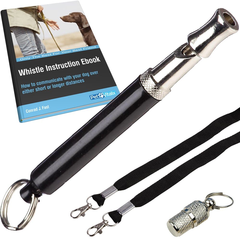 Dog Whistle to Stop Barking Kit with Adjustable Special 2-Tone Frequency Sound for Obedience, Repellent Effect, Clicker Teaching + Keychain, Necklace, Pet ID Tag, Training Ebooks (Black)