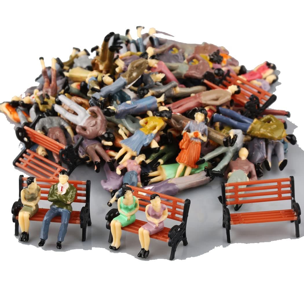 – 50 Pcs Seated Standing Pose People Figures, Small Painted Model People Passanger Figures, 1:50 Scale, With 6 Bench Train Railway Layout for Miniature Model Railway Trains Scenes