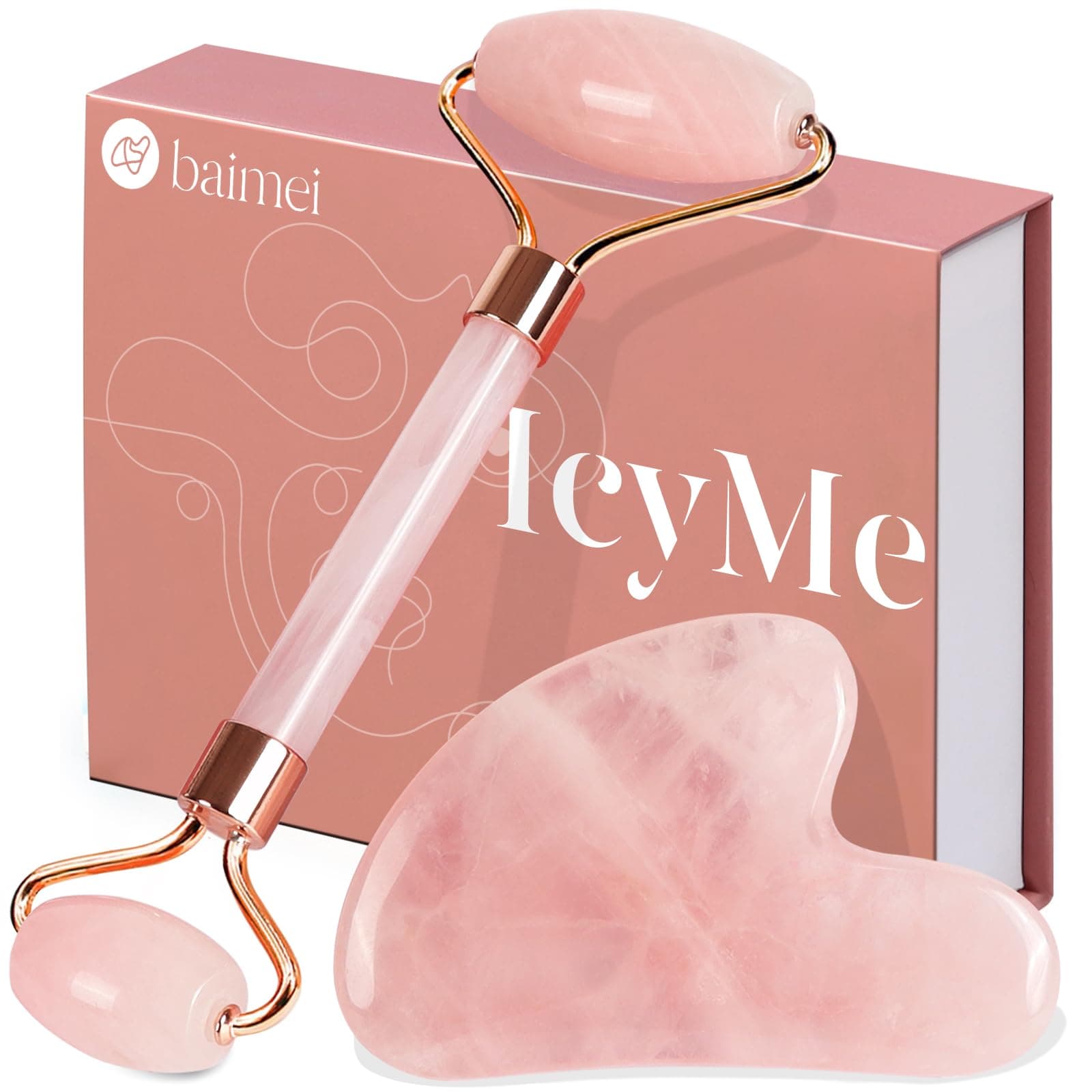 BAIMEI Gua Sha & Jade Roller,Guasha Tool face, Self Care Gift for Women and Men, Massager for Face, Eyes, Neck Care, Skin Care Gifts - Rose Quartz