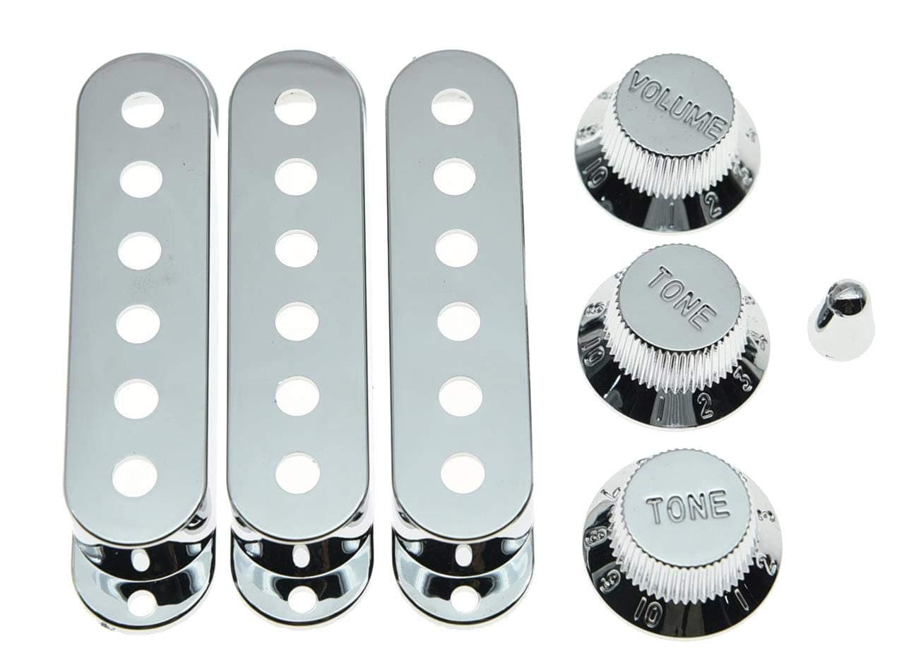 KAISH Chrome Plastic ST Strat 52mm Pole Spacing Pickup Covers Guitar Knobs and 5 Way Switch Tip for USA Stratocaster/Strat