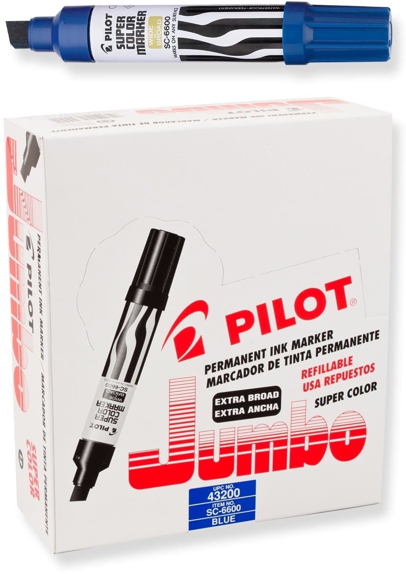 PILOT Super Color Jumbo Refillable Permanent Markers, Blue Ink, Extra-Wide Chisel Point, 12-Pack (43200)