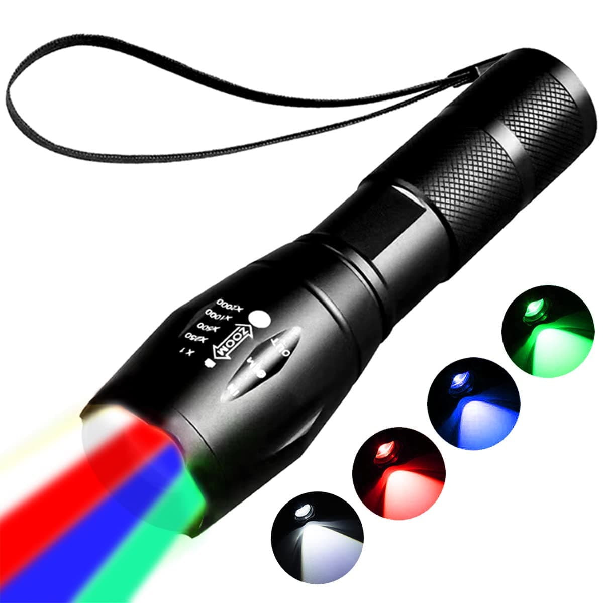 Rechargeable Red Light Flashlight,Green Lights for Hunting,Blue Light Blood Tracking for Hunting, 4 in 1 White Light and Red Light and Blue Lights and Green Lights ,4 Modes.