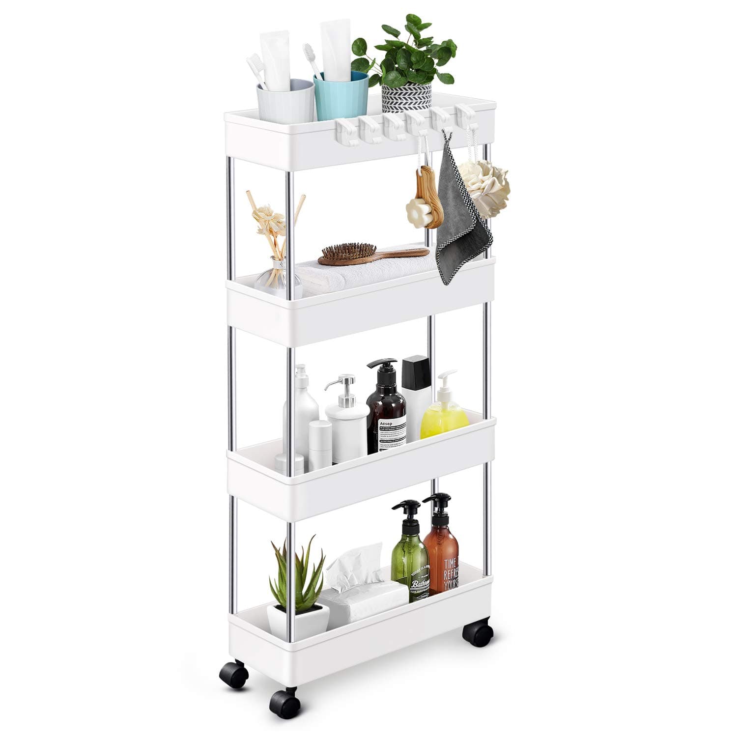 E World | Slim Rolling Storage Cart Kitchen Shelves Organizer With Casters.Wheels Mobile Bathroom Slide Utility Cart, Small Shelf For Laundry Room, Make Up, Home School, Dorm Room White, Slim-4Tier
