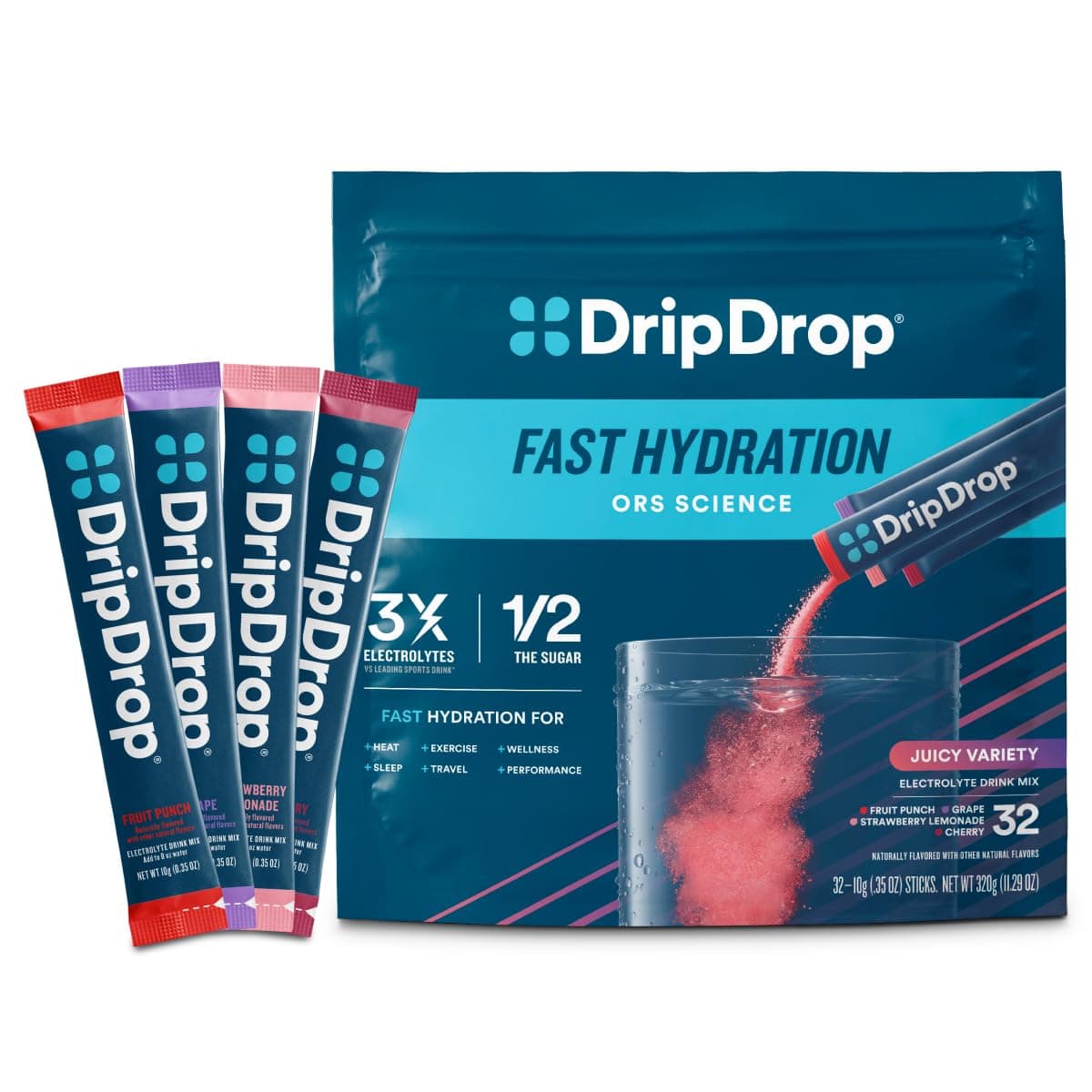 DripDrop Hydration Juicy Variety Pack Electrolyte Drink Mix Single-Serve Powder Packets- Grape, Fruit Punch, Strawberry Lemonade, Cherry - 32 Servings