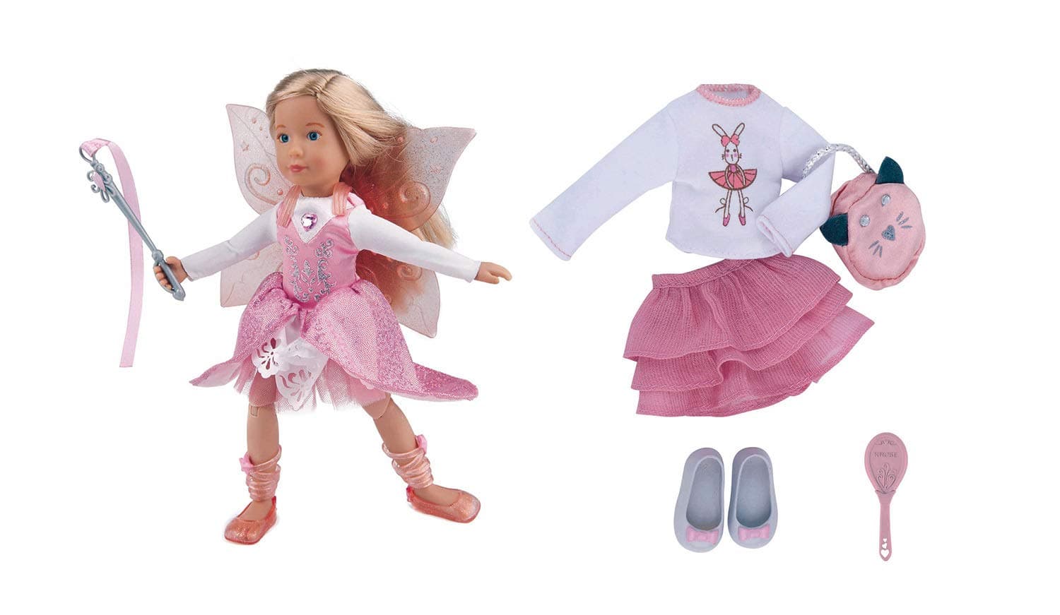 9” Poseable Dolls – Vera Deluxe Fairy Doll Set – Includes Magical Outfit, Ribbon Wand, Everyday Outfit, Accessories, and Hairbrush – Made in Germany