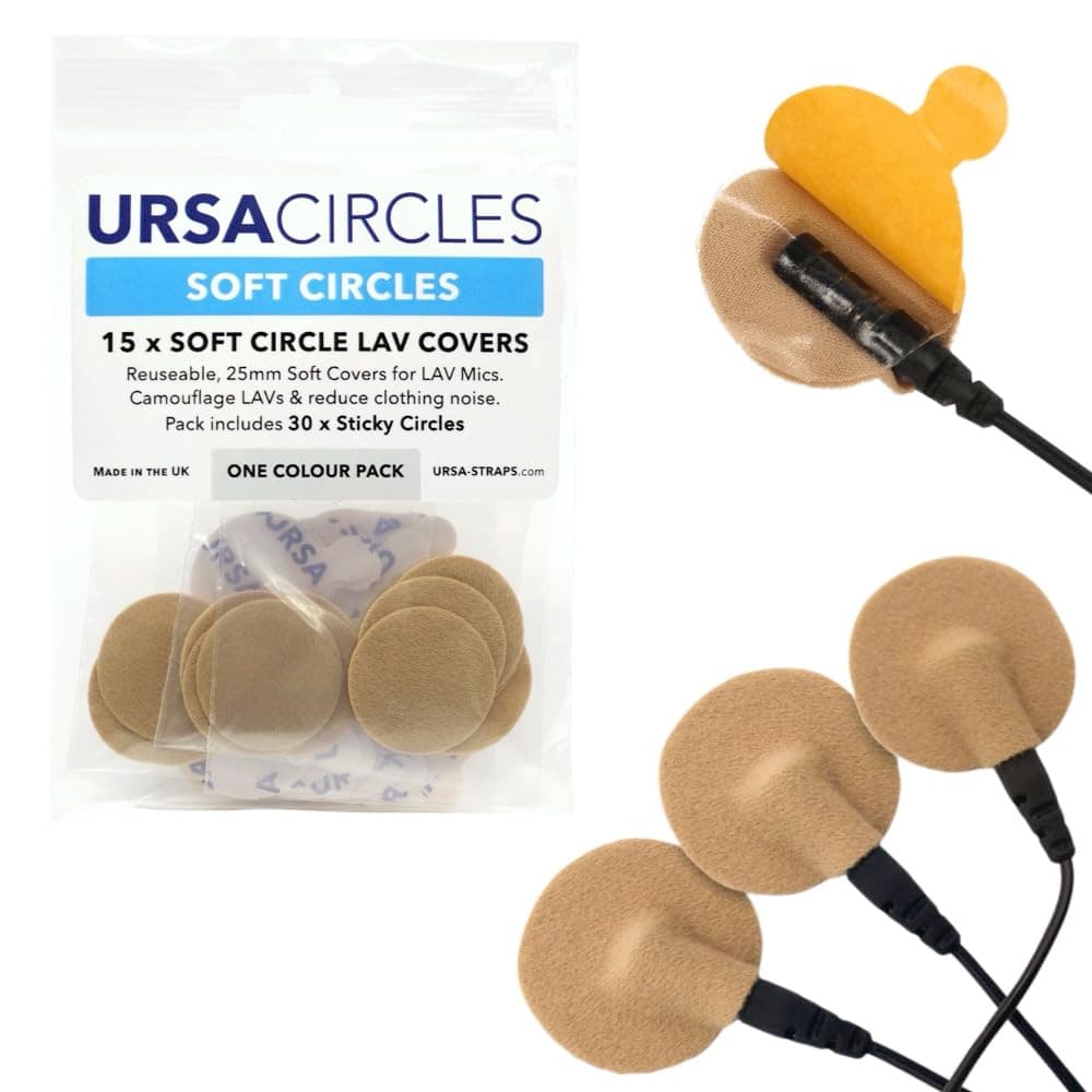 URSA Soft Circles: Reusable Soft Covers Providing Wind Production and Camouflage for Lav Mics. 25mm. (15x Soft Circles + 30x Stickies, Beige)