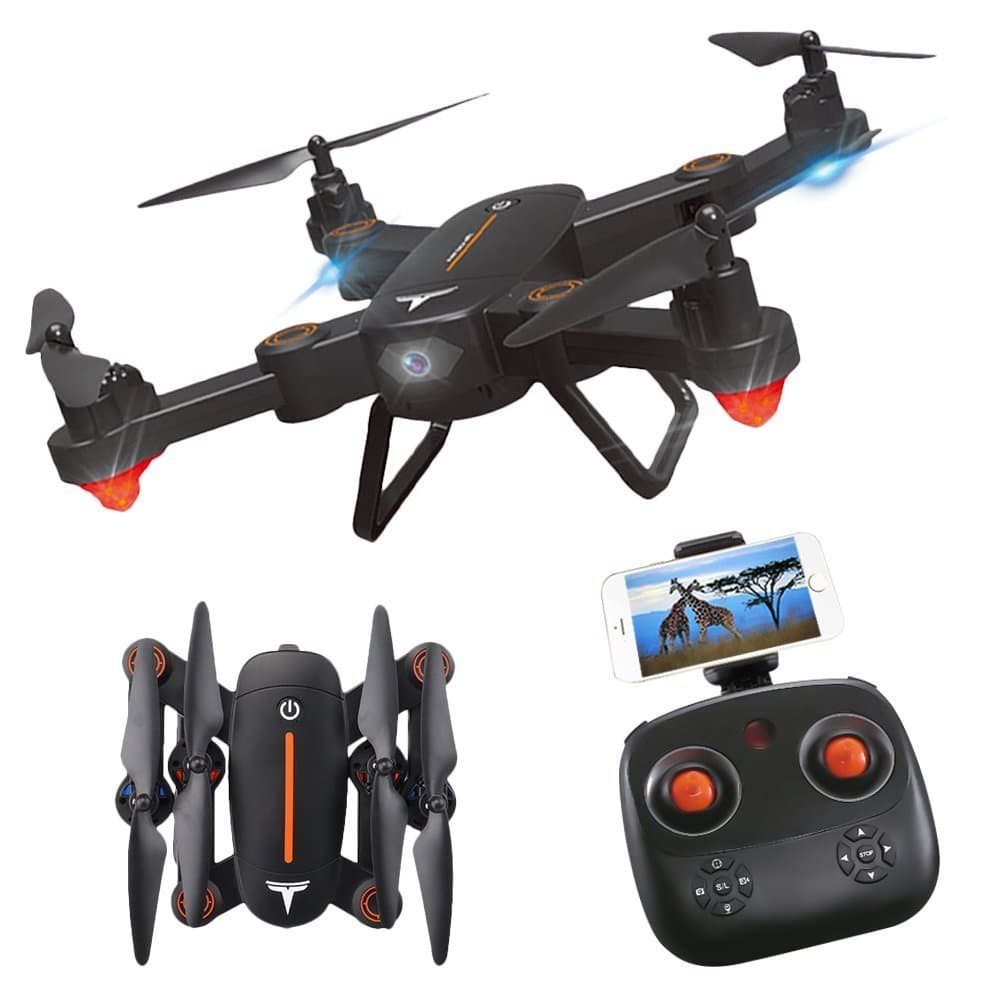 RC Drone, KINGBOT F16 Foldable Drone with HD WiFi Camera and LED Lights Two Rechargeable Batteries (Orange)