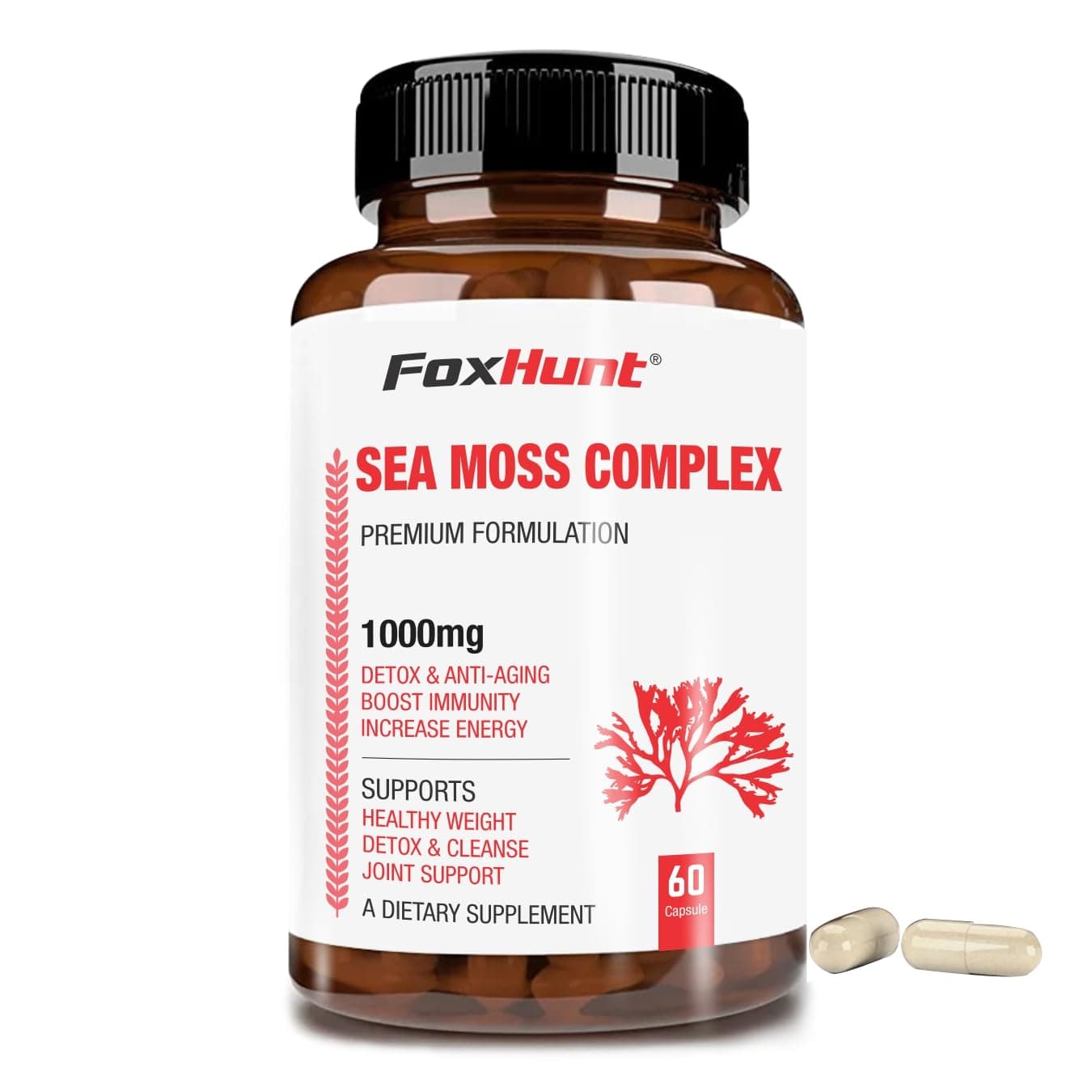 - Fox Hunt Irish Sea Moss Complex- 1000MG (60 Capsules Each Pack) Burdock Root Bladderwrack Capsules - Digestive Health & Boosts Immune System - Thyroid, Healthy Skin, Joint Support, 70 grams