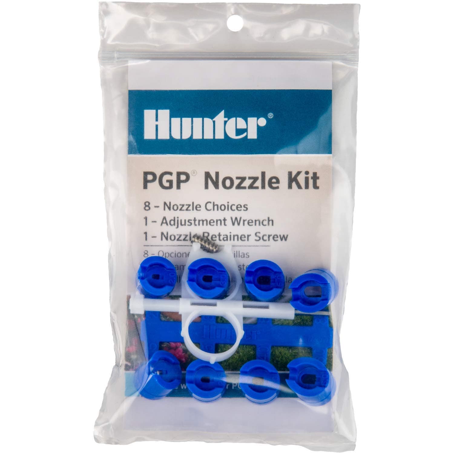 Hunter PGP Nozzle Kit, OEM Replacement for PGP ADJ Sprinklers, 8 Spray Nozzles with Adjustment Tool and Retainer Screw, Easy Install, Lawn Irrigation Accessory, Blue