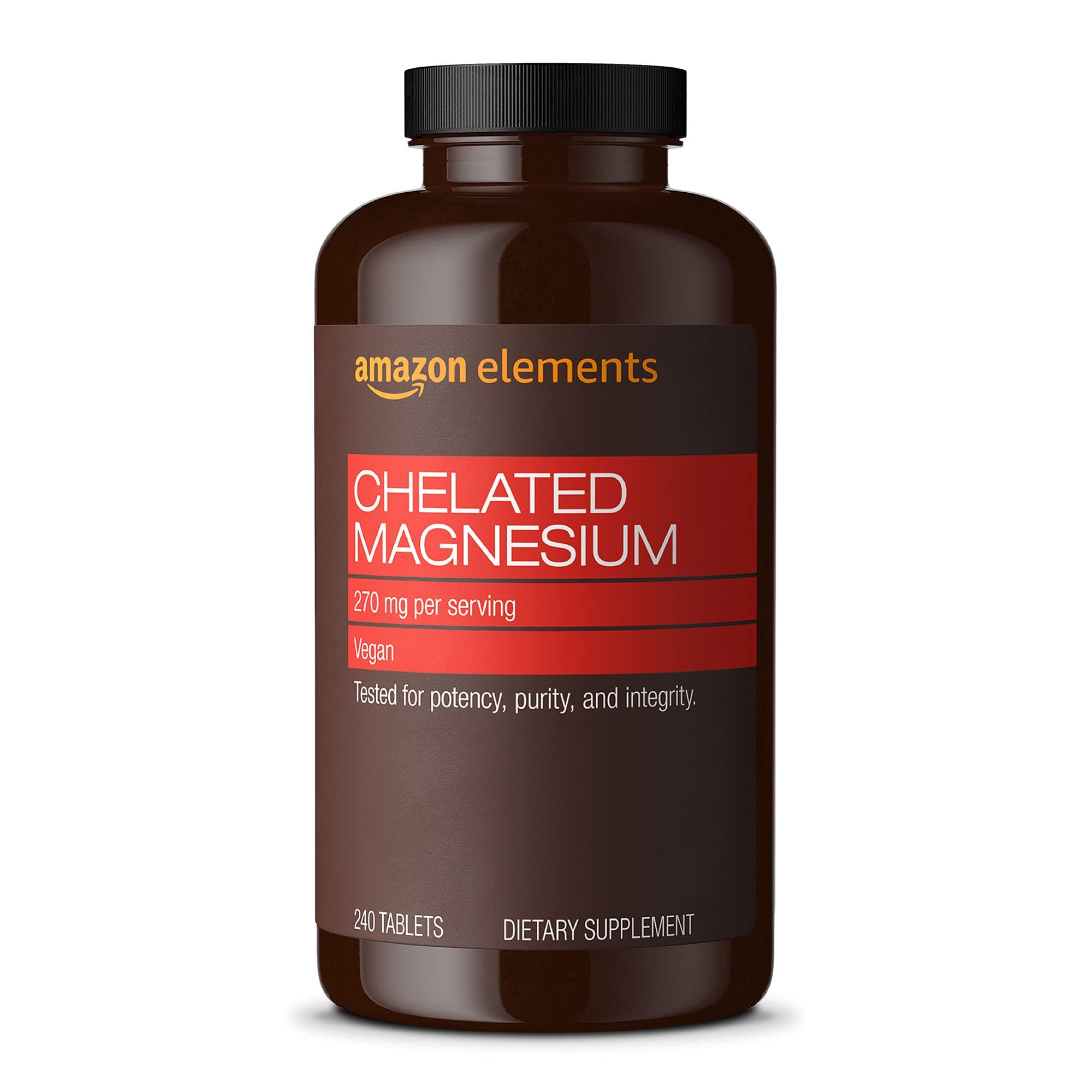 - Amazon Elements - Chelated Magnesium, 240 tablets, 270 mg per Serving, as Magnesium Glycinate Chelate, Vegan