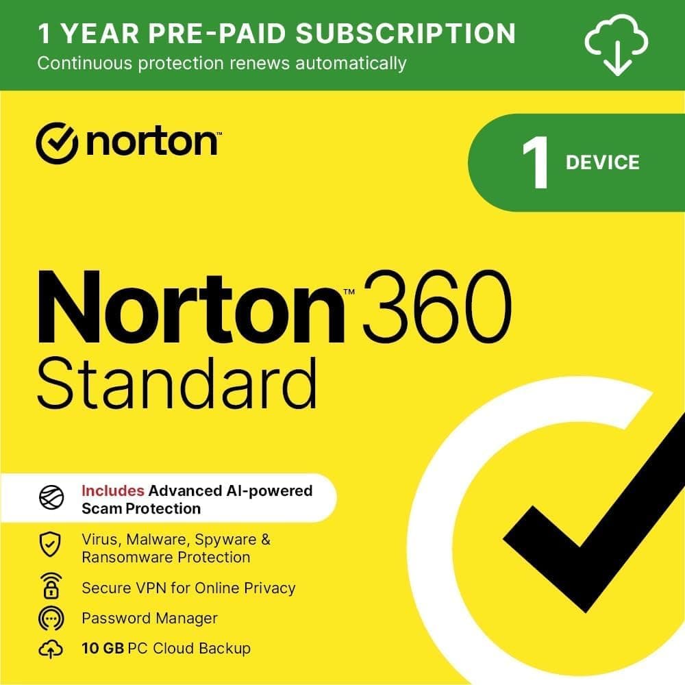 Norton 360 Standard 2026, Antivirus software for 1 Device and 1-year subscription with automatic renewal, Includes Secure VPN and Password Manager, PC/Mac/iOS/Android, Activation Code by email