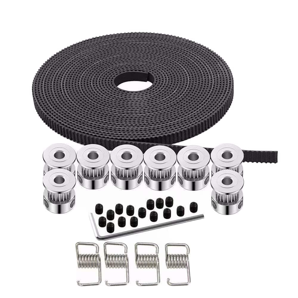 10M Rubber Opening Belt 6mm Width+8pcs GT2 Pulley 20 Teeth Bore 5mm +4pcs Belt Locking Spring for 3D Printer