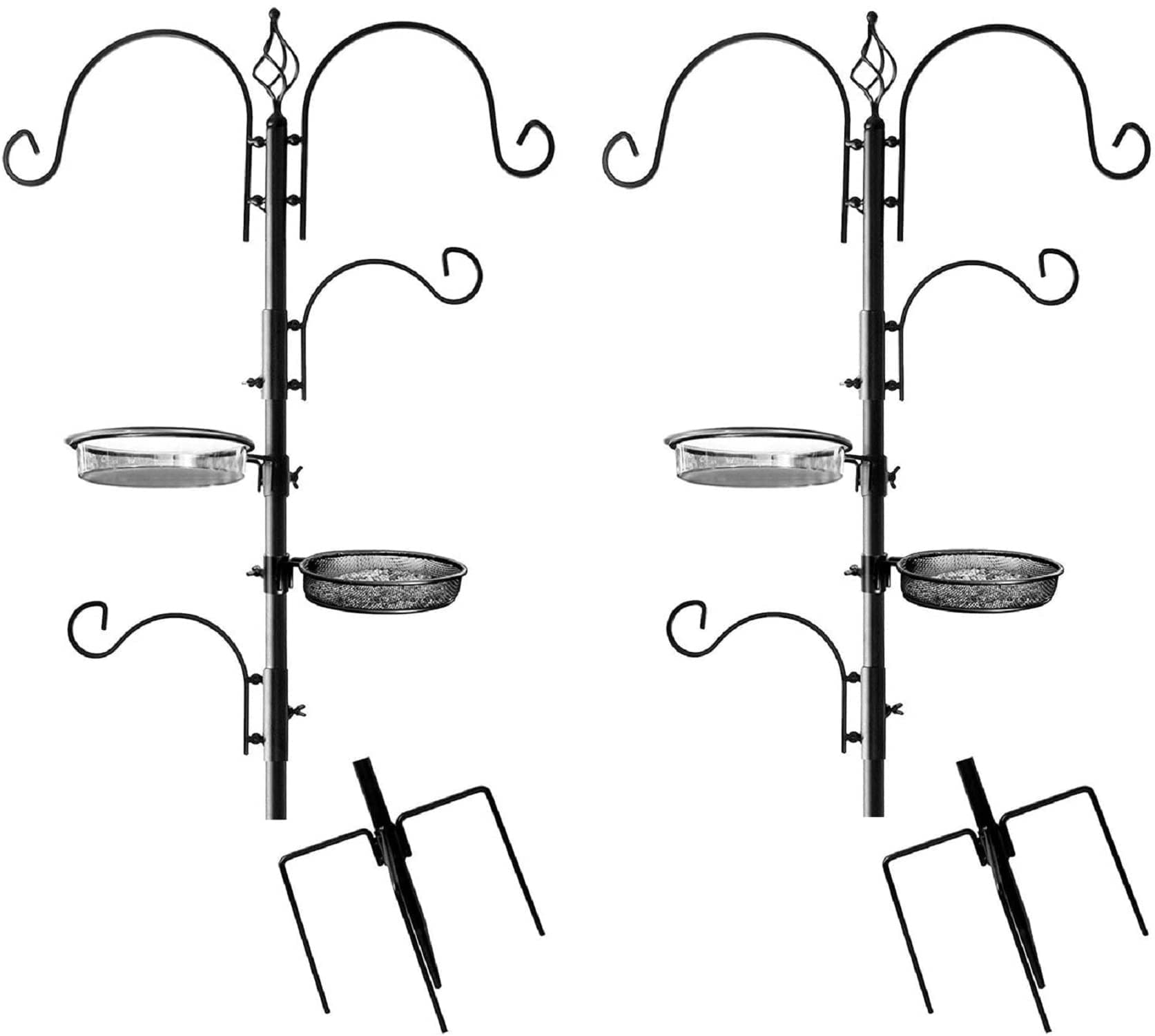 Ashman Deluxe Bird Feeding Station (2 Pack) for Outside - Multi Feeder Pole Stand Kit With 4 Hangers, Bath and 3 Prong Base for Attracting Wild Birds - 22 Inch Wide x 92 Inch Tall