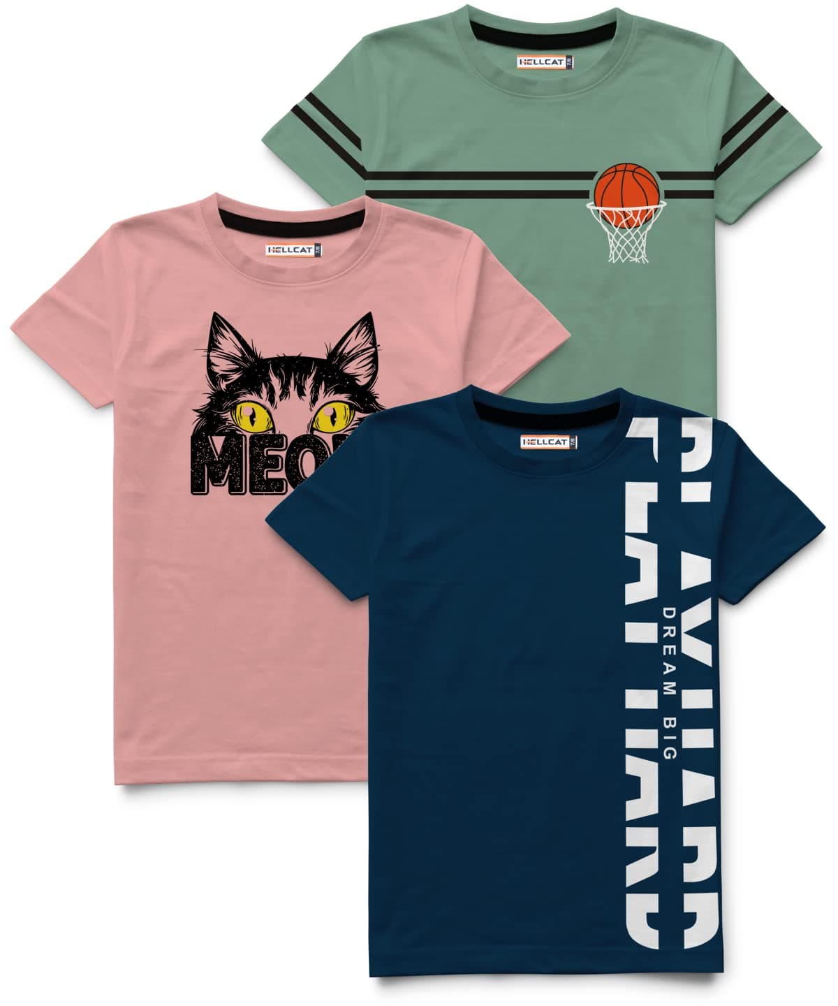 HELLCAT Boys Round Neck Printed Blended Cotton Tshirt -Combo Pack of 2 - Orange/Blue