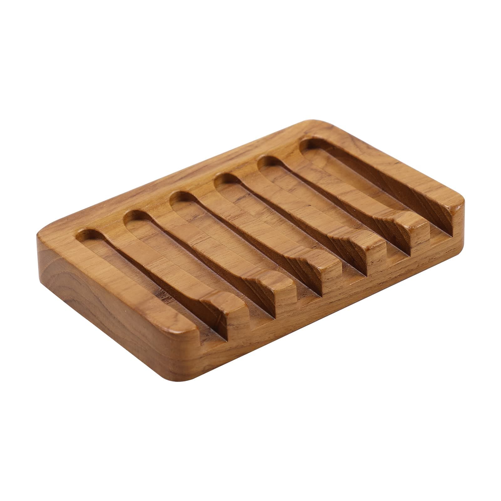 Soap Dish with Slanted Waterfall Design by HTB, Bar Soap Holder Teak Wood, Soap Saver for Shower, Bathroom, Sink, Kitchen and Countertop
