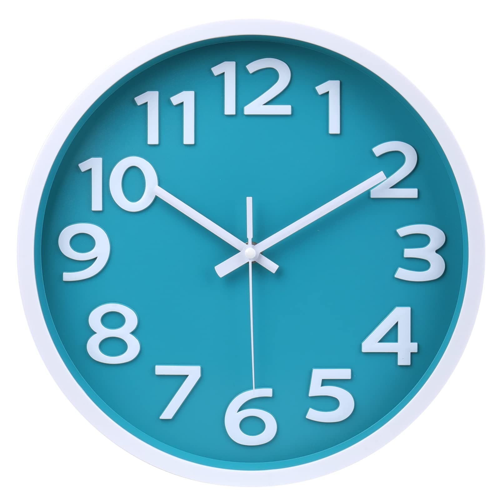 Teal Wall Clock with Big Numbers - 30cm Silent Non-Ticking Easy to Read Turquoise Coastal Decor for Bedroom, Kitchen, School, Kid's Room