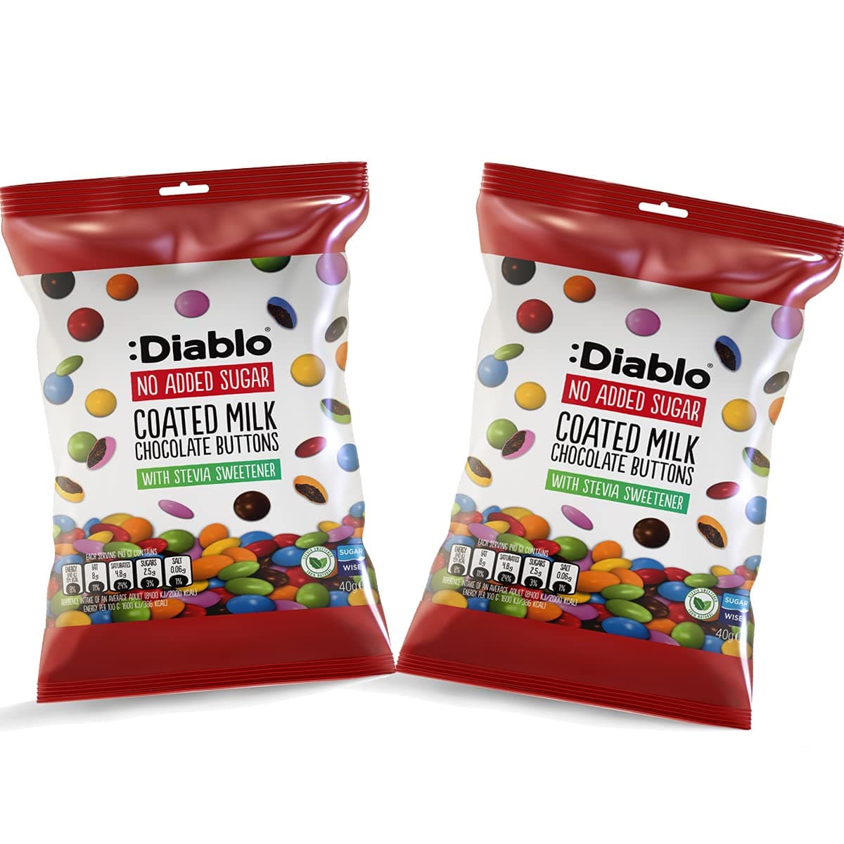 Diablo Chocolate Candy Coated Buttons - No Sugar Added, Bite Size Colorful Shell Coating - Sweetened with Stevia, Perfect for Gifting Chocolates - 40g, Milk Chocolate, Pack of 2