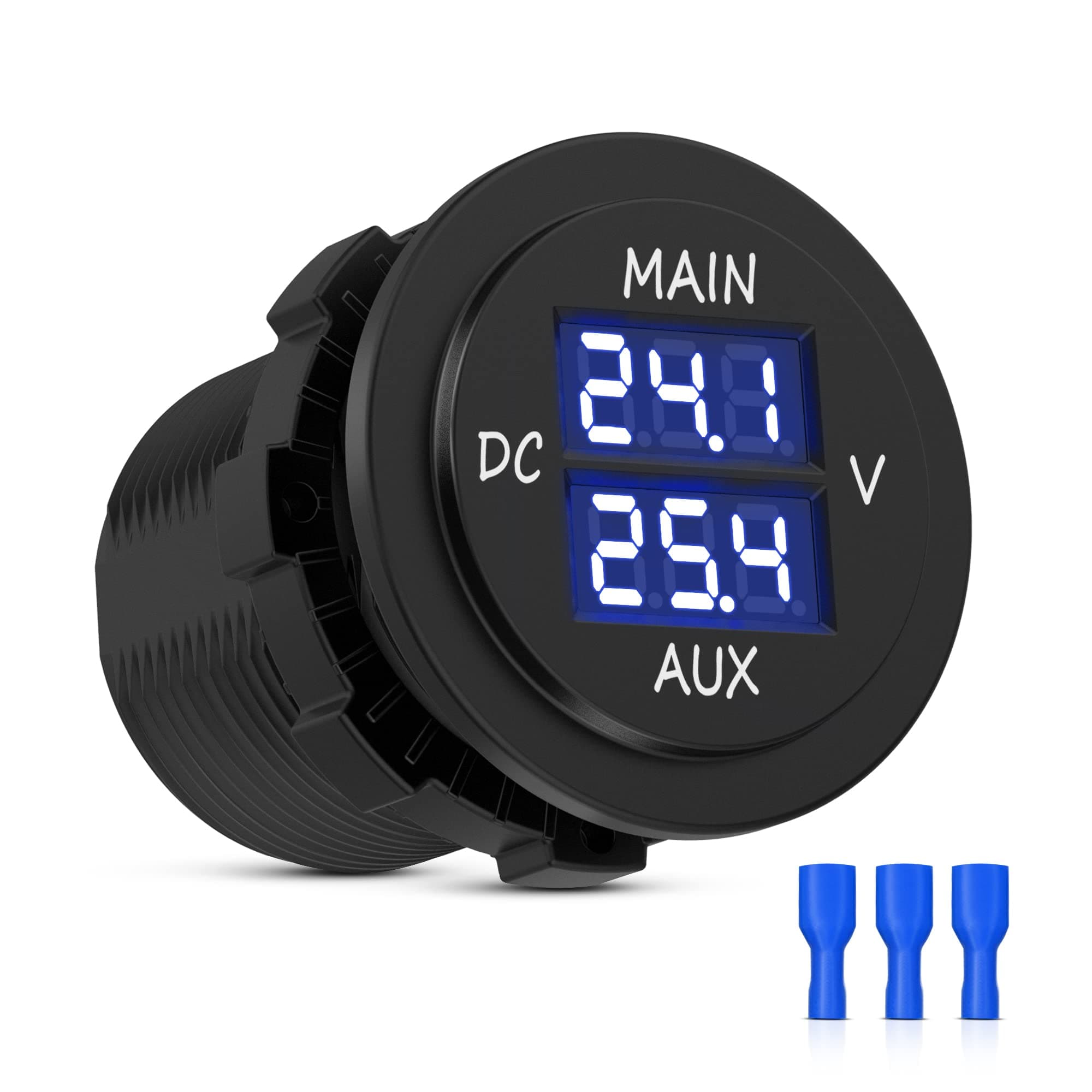 MICTUNING LED Digital Double Voltmeter, Round Panel Voltage Monitor Blue for Car Pickup RV Truck Dual Battery Pack