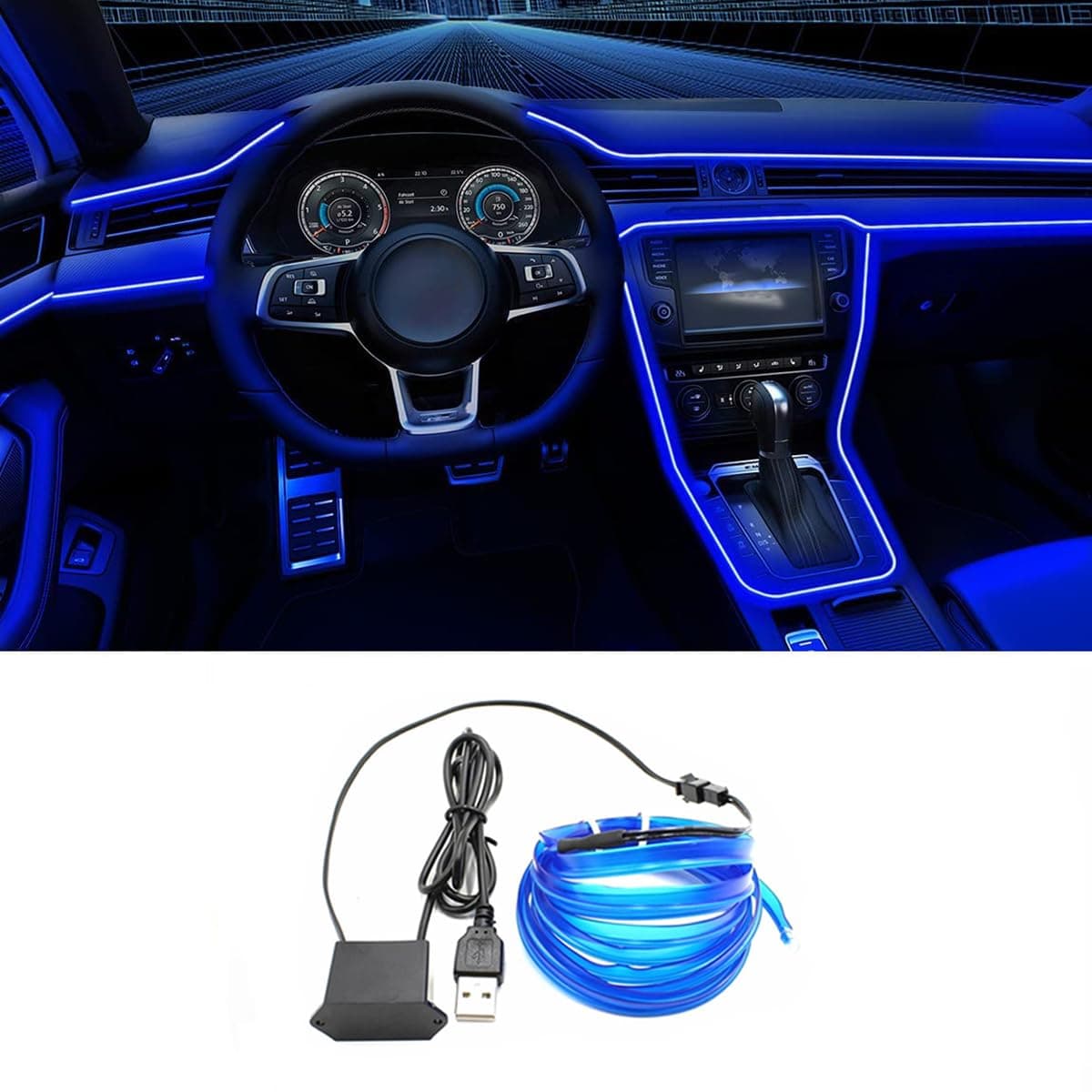 EL Wire Interior Car LED Strip Lights, 16.5FT USB Neon Glowing Strobing El Wire Strip with 6mm Sewing Edge, Ambient Lighting Kits for Car Inside Decorations (Blue)