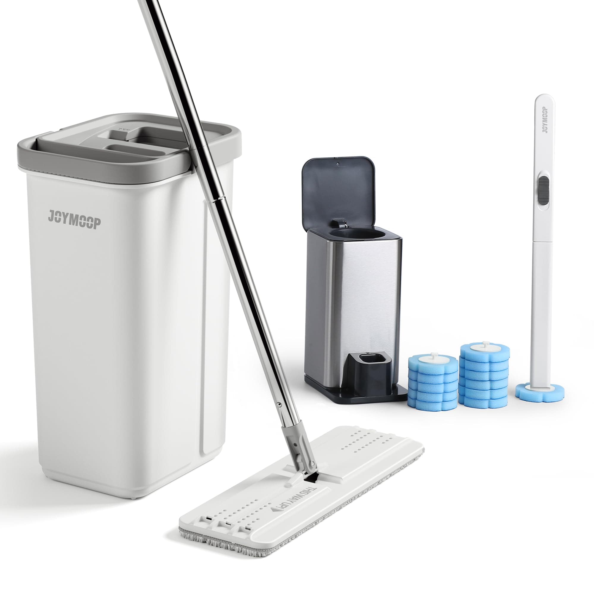JOYMOOP White Flat Mop & Bucket with 1 Microfiber Pad, 12 Disposable Toilet Brushes, Stainless Steel Toilet Brush and Holder Set, Multi-Functional Cleaner for Floors, Windows, and Toilets