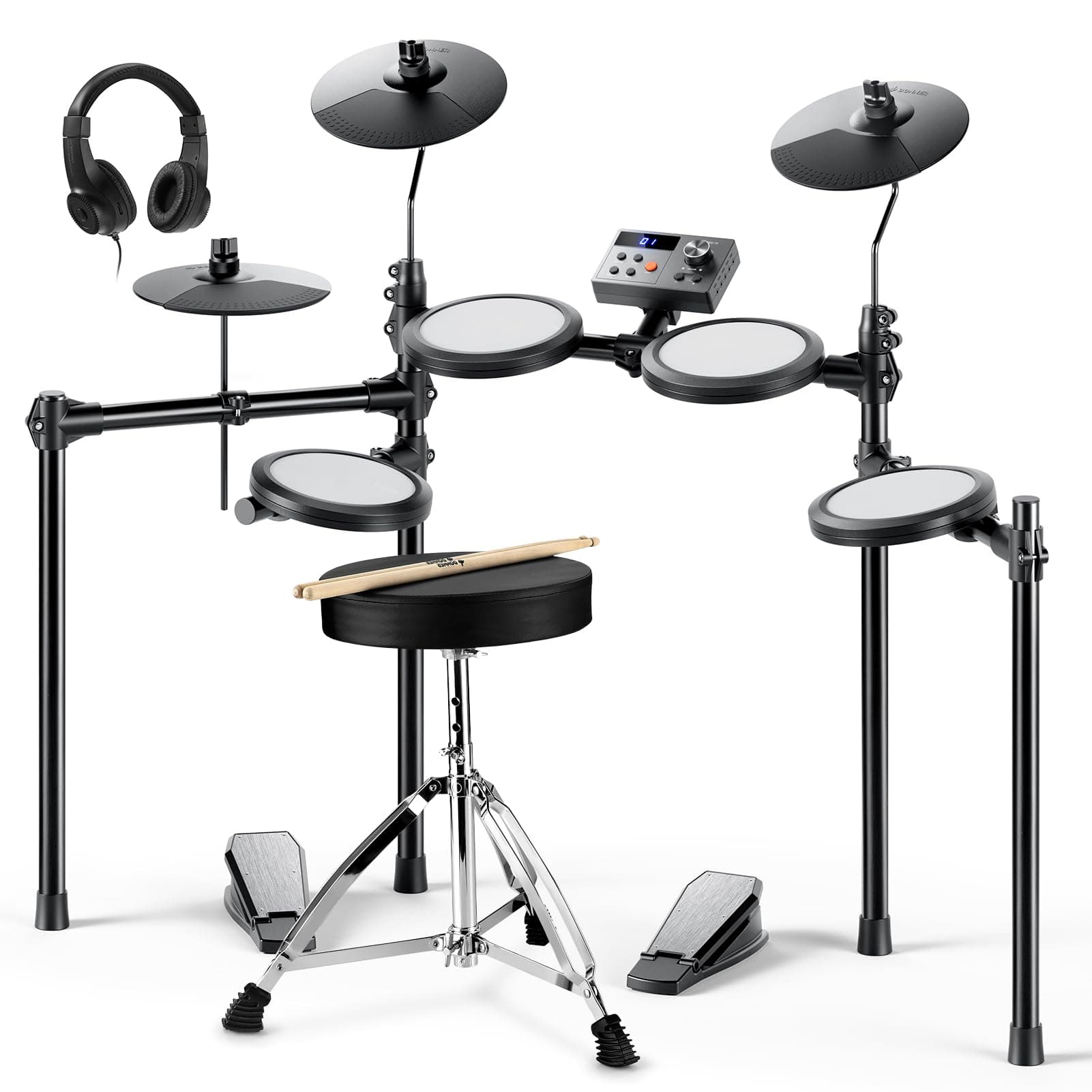 Electric Drum Set, DED-70 Electronic Drum Kit for Beginner with 150 Sounds, 4 Quiet Mesh Pads, 9" Cymbals, USB MIDI, Type-C Charging, 2 Pedal, Throne, Headphones, Sticks, Melodics Lessons