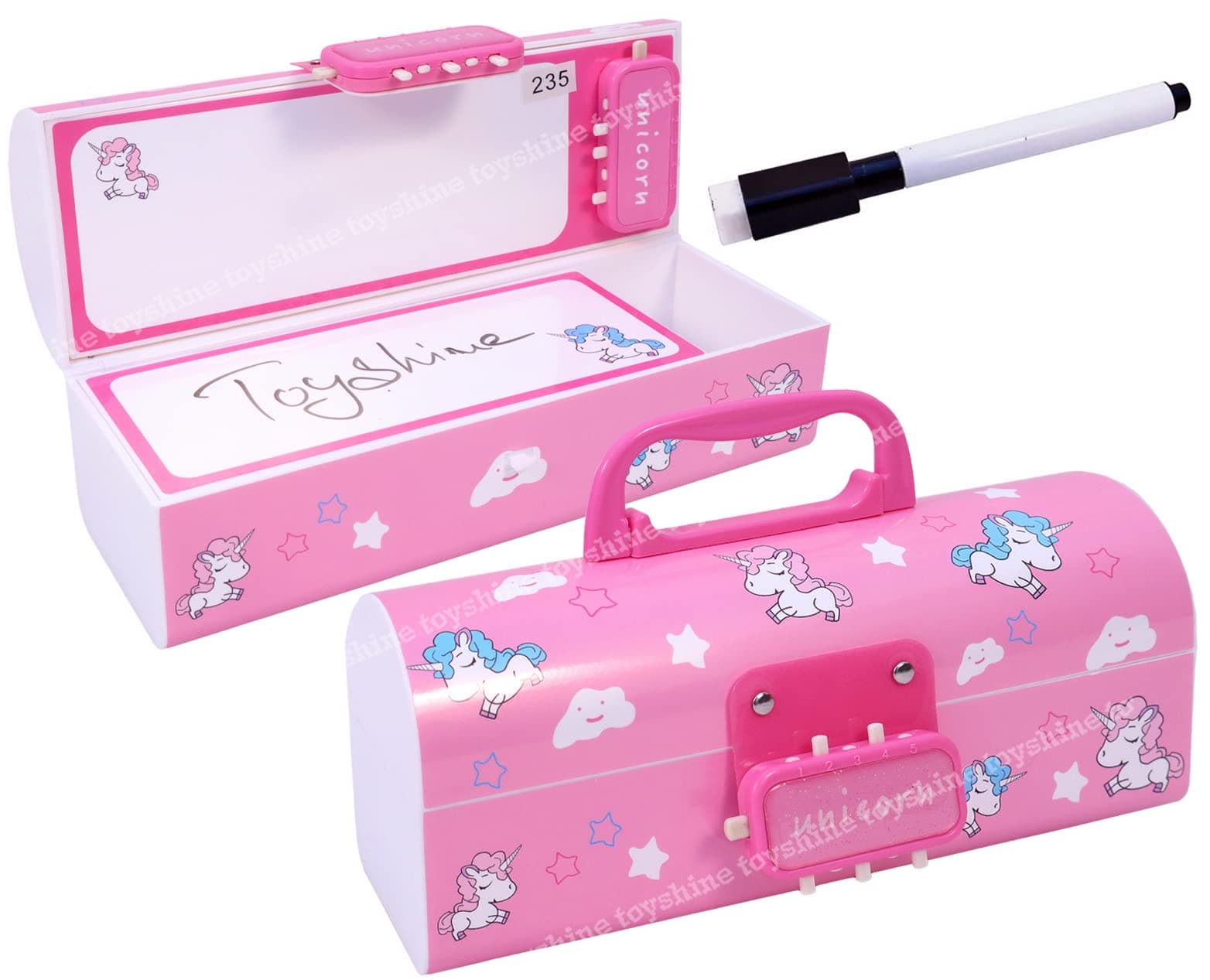 Toyshine Plastic Pencil Box With Code Lock Pen Case Large Capacity Multi-Layer Multi-Function Storage Bag Secret Compartment Pencil Box - Unicorn Pink