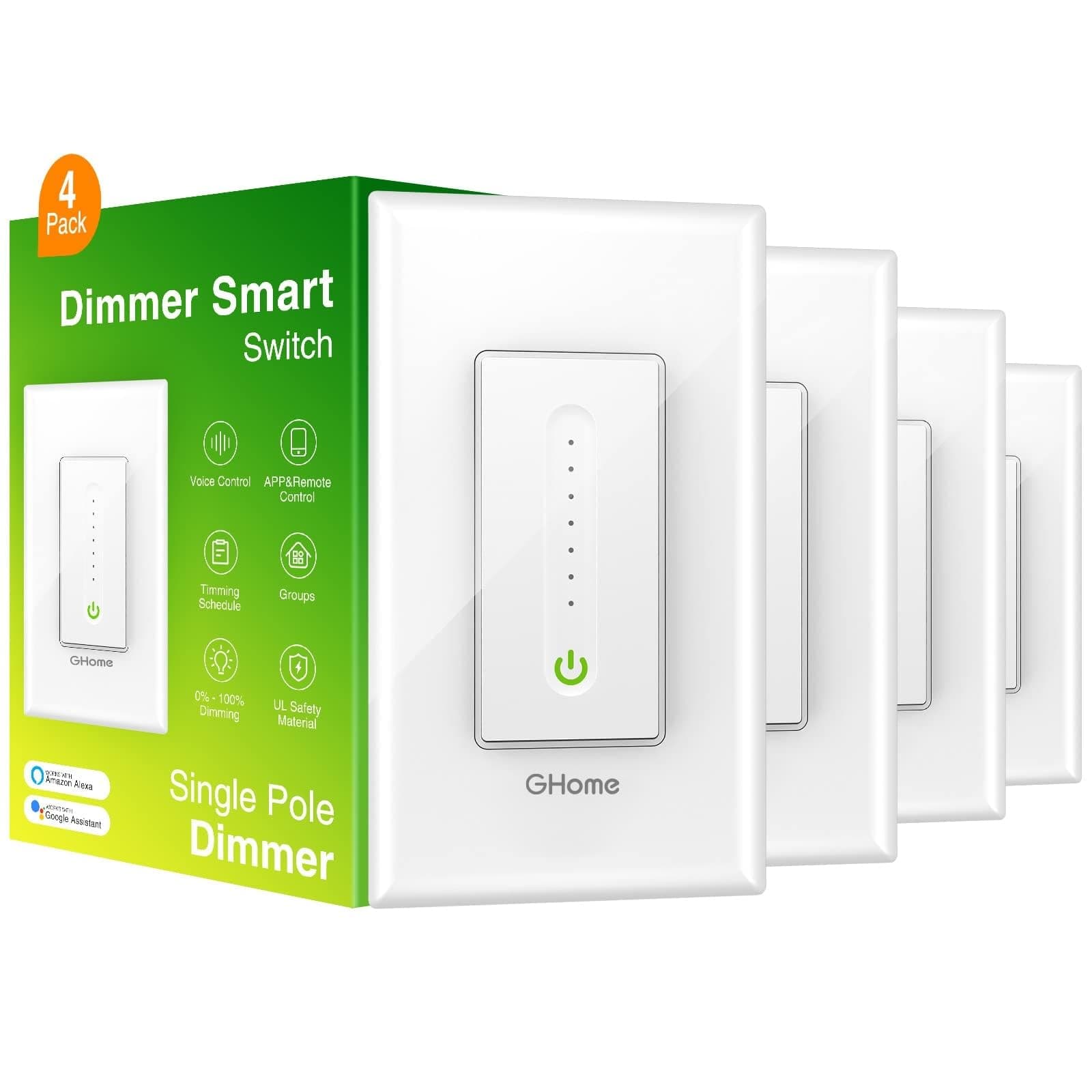 GHome Smart Dimmer Switch Works with Alexa Google Home, Single Pole 2.4GHz Wi-Fi Switch for Dimmable LED CFL INC Light Bulbs, Neutral Wire Required, Not 3 Way, No Hub Required, 4Pack