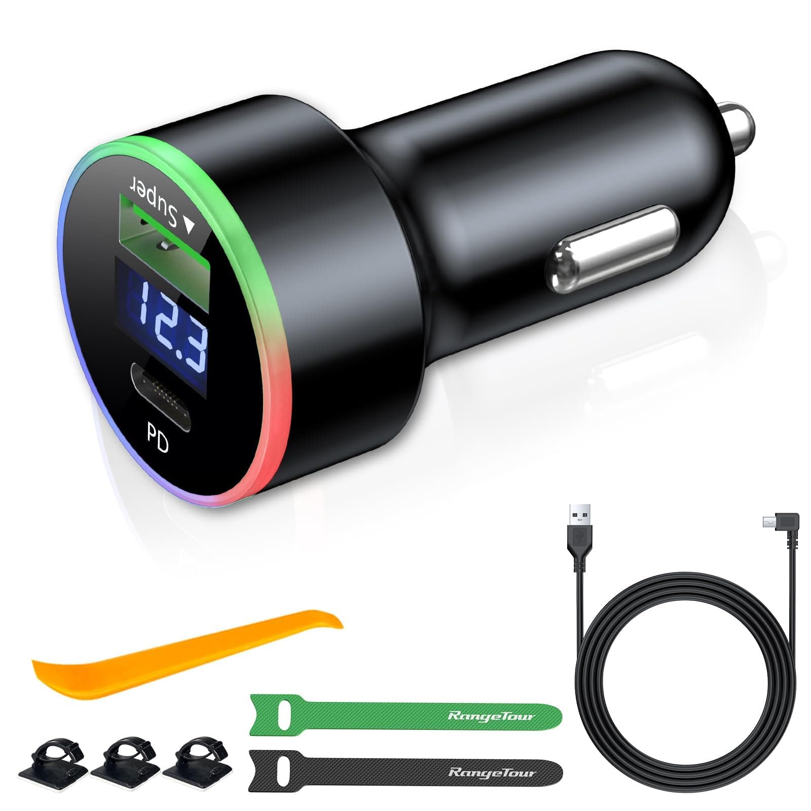 Dash Camera Car Charger Mini USB Interfaces, Car Phone Charging USB-C Port 18W, L-Type Driving Recorders Power Cord Universal Adapter Power Cord 3.5m/11.5ft 12V-24V to DC 5V 3A